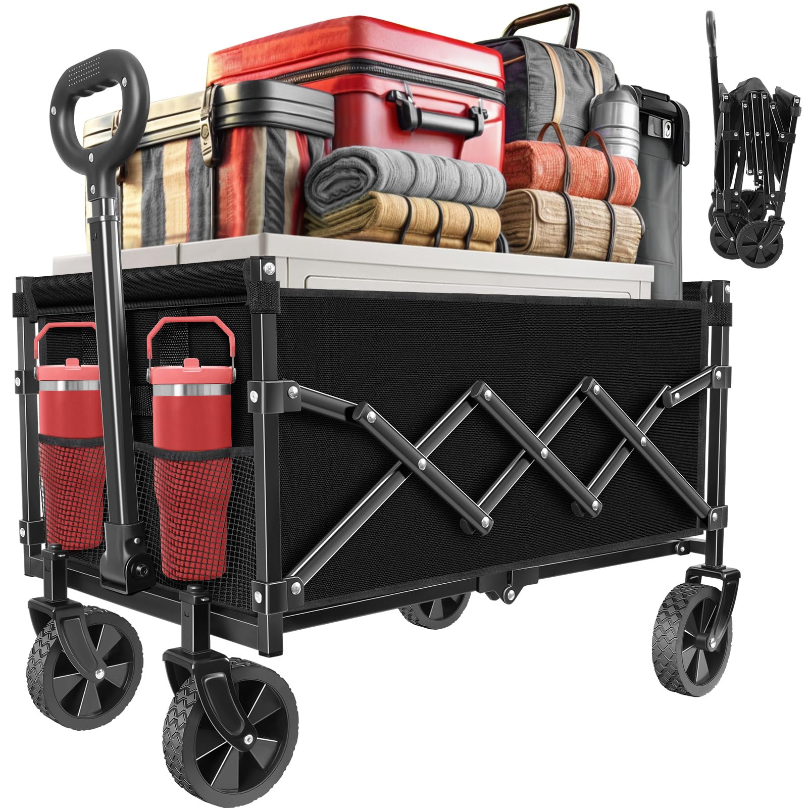 43" Extra Long Foldable Wagon Cart – Heavy Duty 360LBS Capacity, All-Terrain Wheels & Extended Tailgate – For Camping, Groceries, Beach