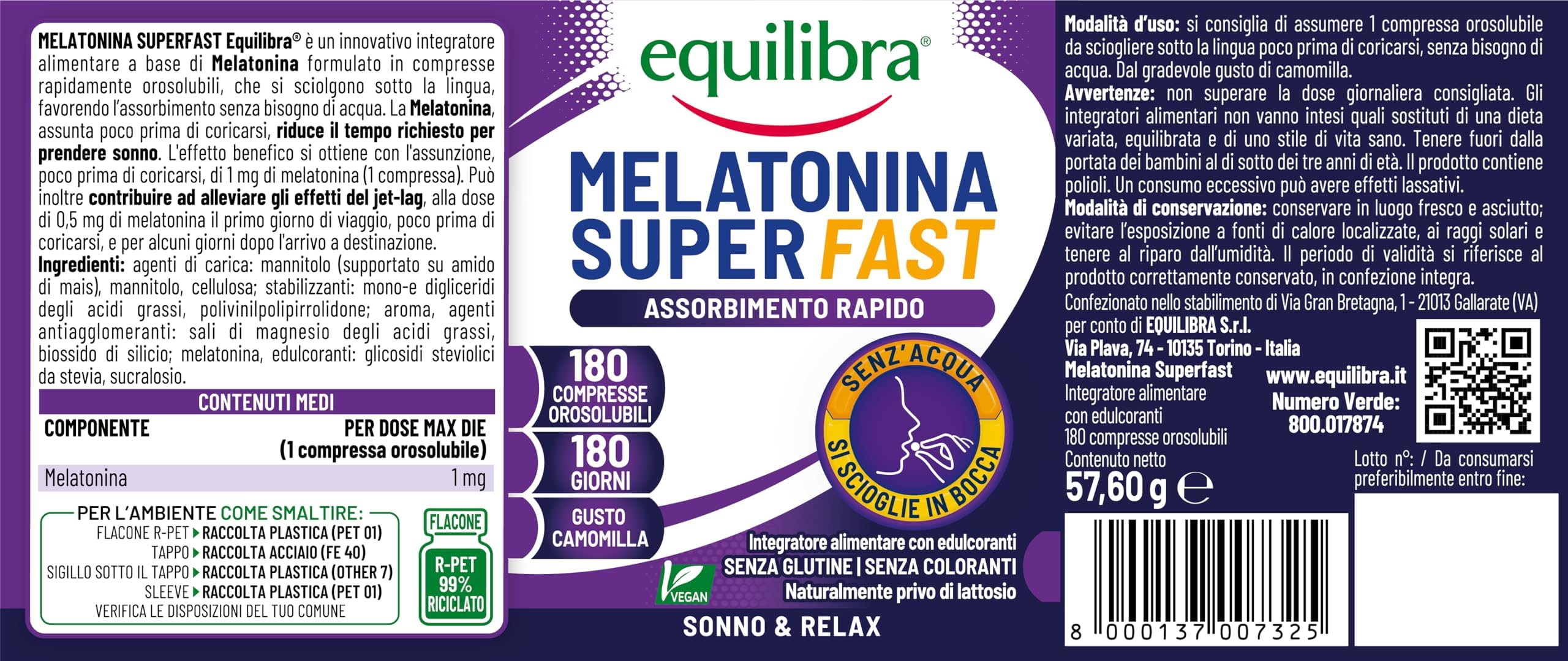 Equilibra Integratori Alimentari, Melatonina Super Fast, per Ridurre il Tempo per Prendere Sonno, con Assorbimento Rapido, Senza Bisogno di Acqua, Aroma Camomilla, Vegan, 180 Compresse Orosolubili