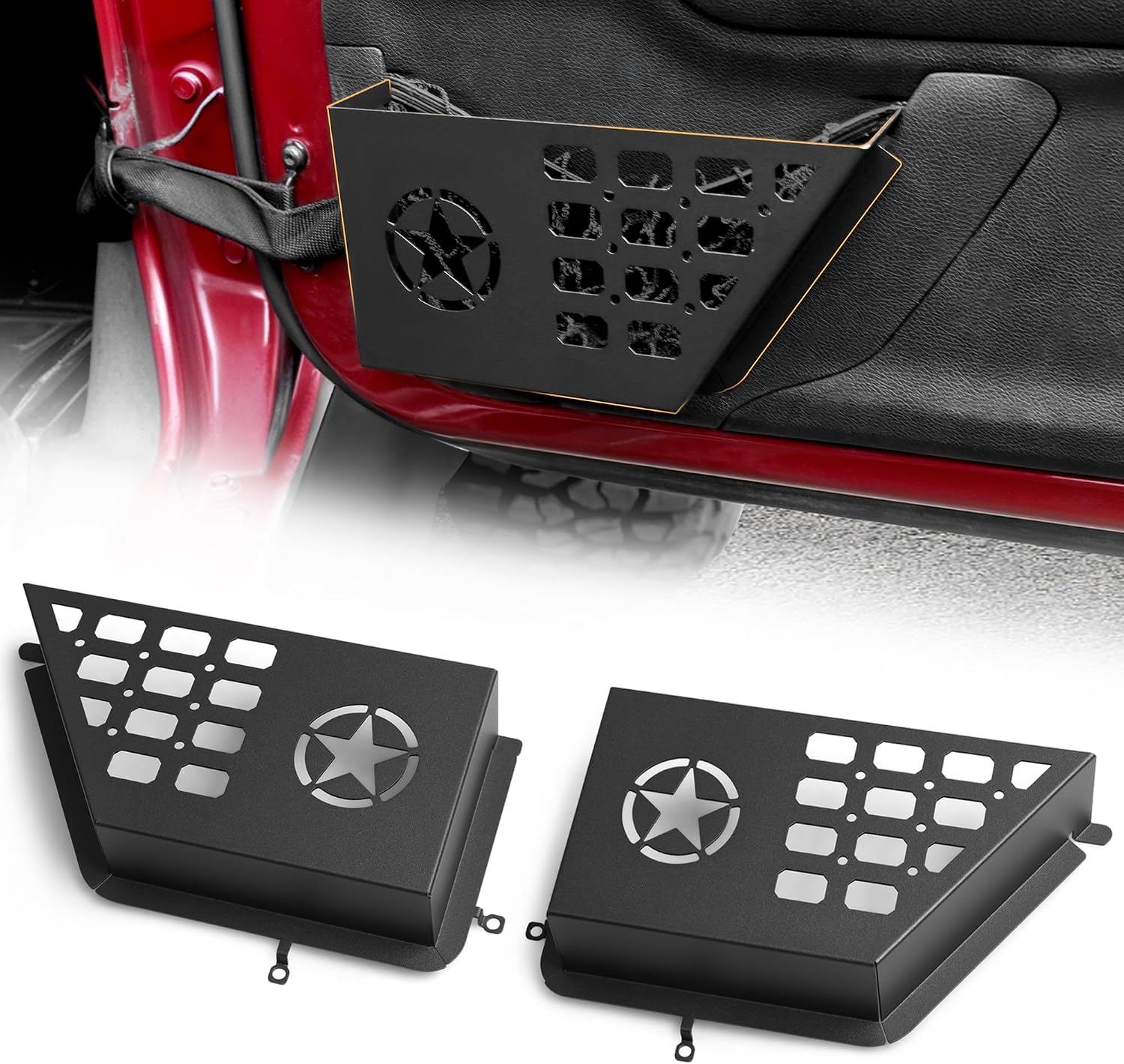 Front Door Storage Box Compatible with 2012-2017 Jeep Wrangler JK JKU Unlimited 2/4 Door Insert Storage Expansion Interior Accessories 2 Pack Black Metal with Star (Front Door Storage)