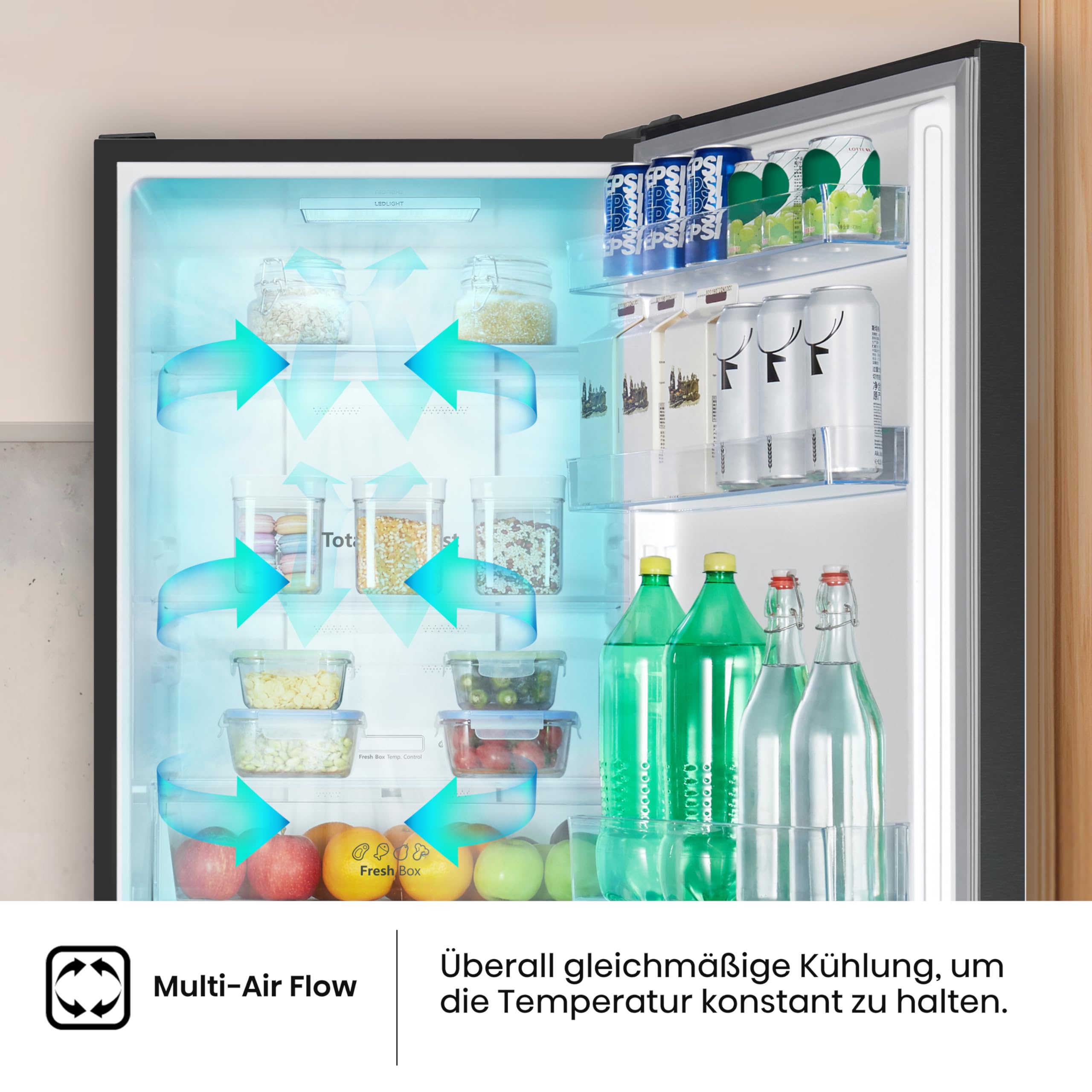 Hisense RB390N4BFC Kühl-Gefrier-Kombination Total No Frost Multi Air Flow LED Display Black Inox EEK C
