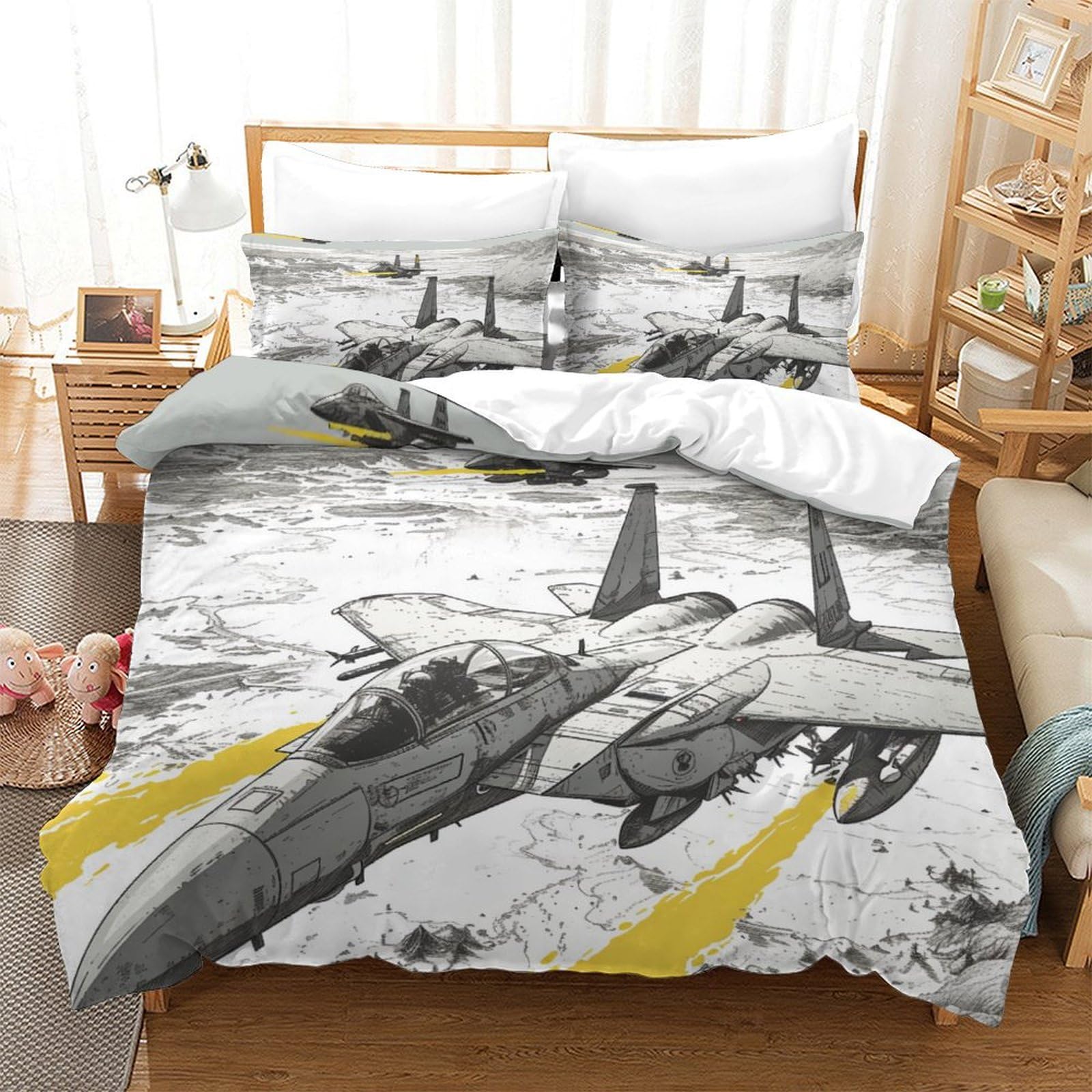 Housse de couette avions de combat 3D anti-plis en microfibre douce pour grand lit de 2 personnes