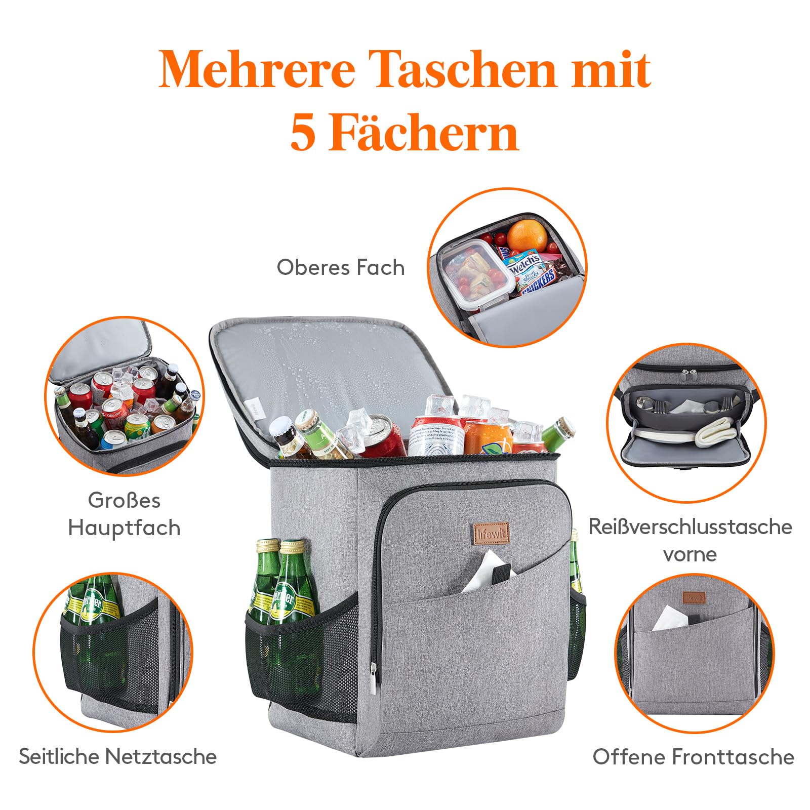 Lifewit 32L 34 Dosen isolierte Kühltasche, Große kühlrucksack, auslaufsichere tragbare Lunchtasche, weiche Kühlbox für Outdoor, Picknick, Strand, BBQ, Camping, Reisen, Familie, Grau