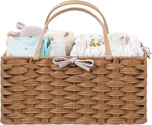 HBlife Organizador de pañales grande, lavable e impermeable, cesta tejida de mimbre portátil con divisor, estación de pañales para guardería, cesta