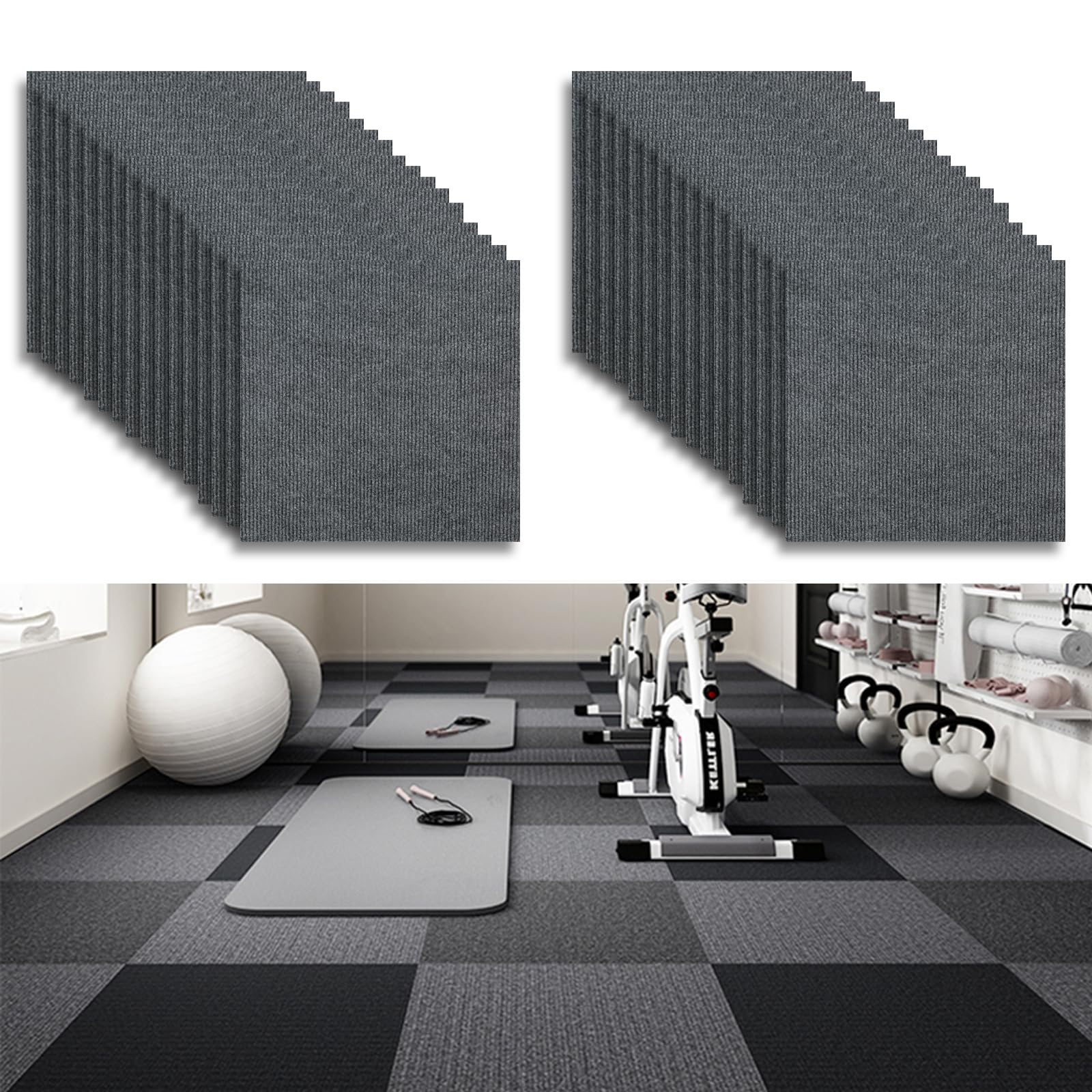 Piastrelle per tappeti, autoadesive, 30 x 30 cm, in feltro, antiscivolo, per ufficio, casa, camera da letto, corridoio (32 pezzi, grigio scuro)