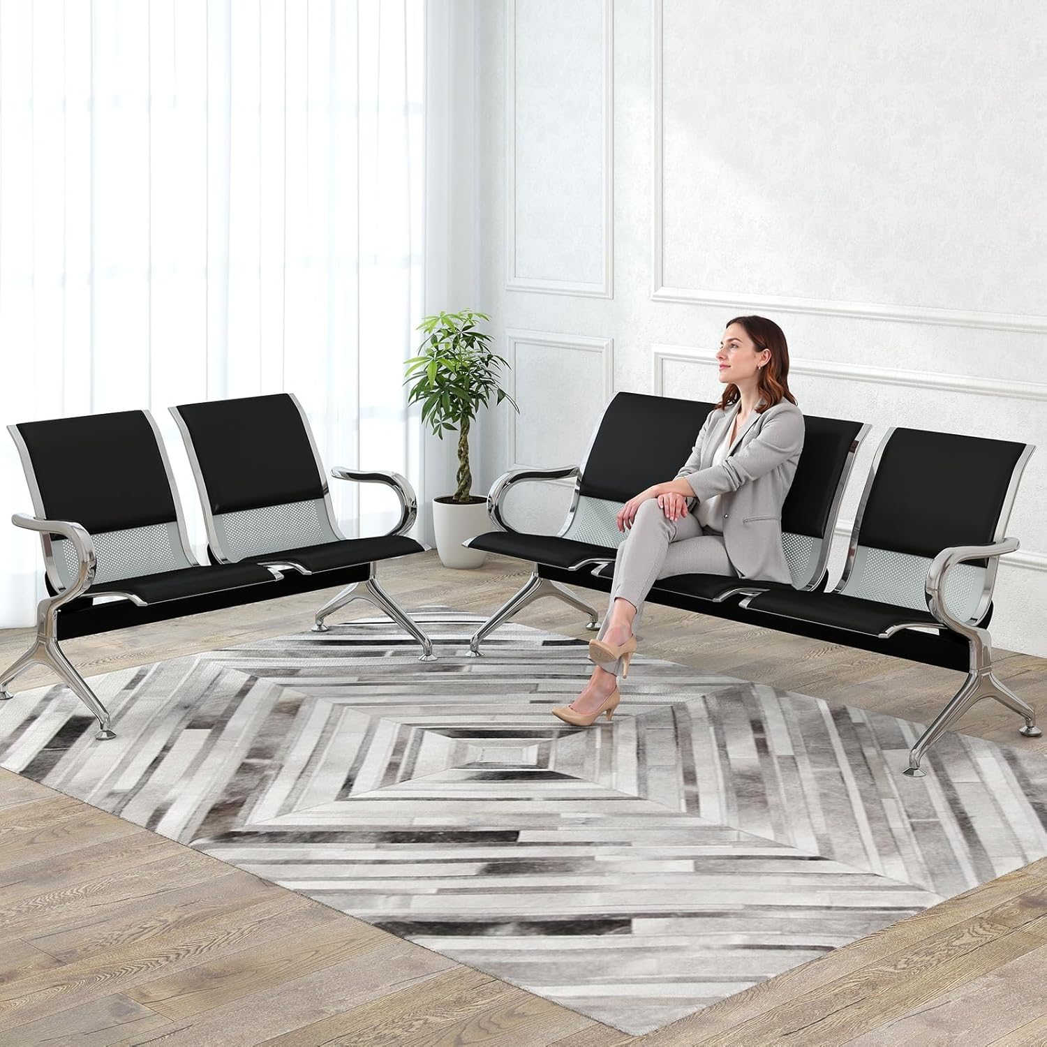 kinbor Office Reception Guest Chair - PU Leather Waiting Room Chair Visitor Guest Sofa Reception Chairs for Office Hall Barber Airport Hospital, Black (2 Seat)