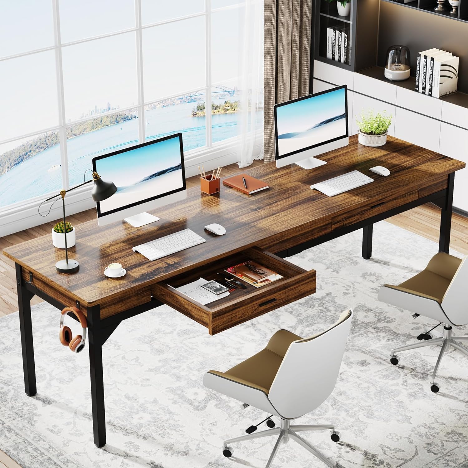Tribesigns 78.7" Extra Long Computer Desk, Two Person Desk Large Executive Office Desk, Writing Table Study Desk for Home Office, Rustic Brown