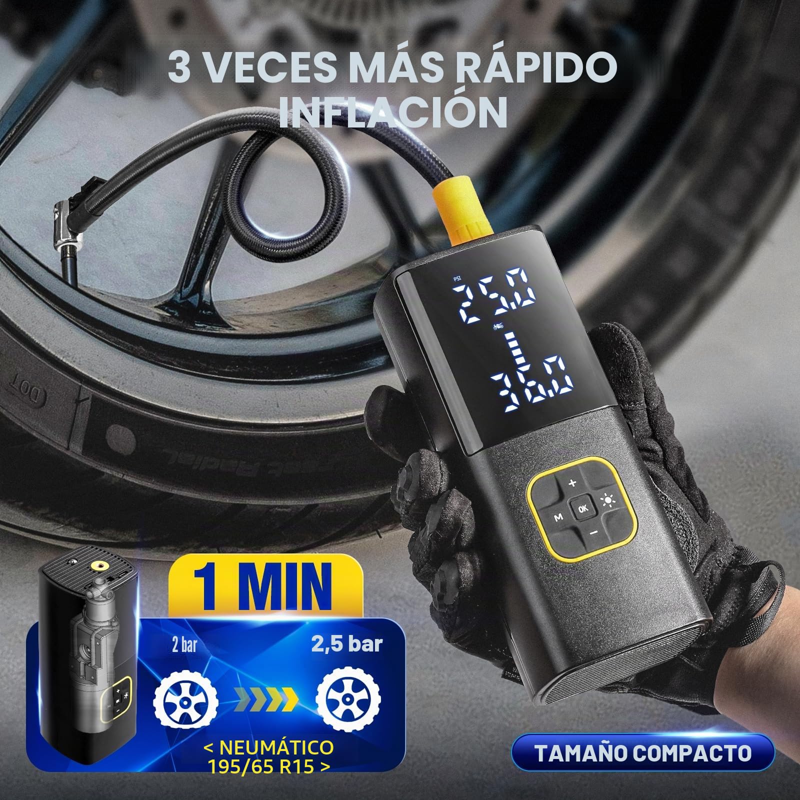 Zune Lotoo Compresor Aire Portatil 150PSI, 9000mAh Inflador Ruedas Coche Recargable con Pantalla Digital LED, Mini Bomba de Aire Electrica con Cable de 12V CC y Luz LED para Coche Moto Bicicleta Bola