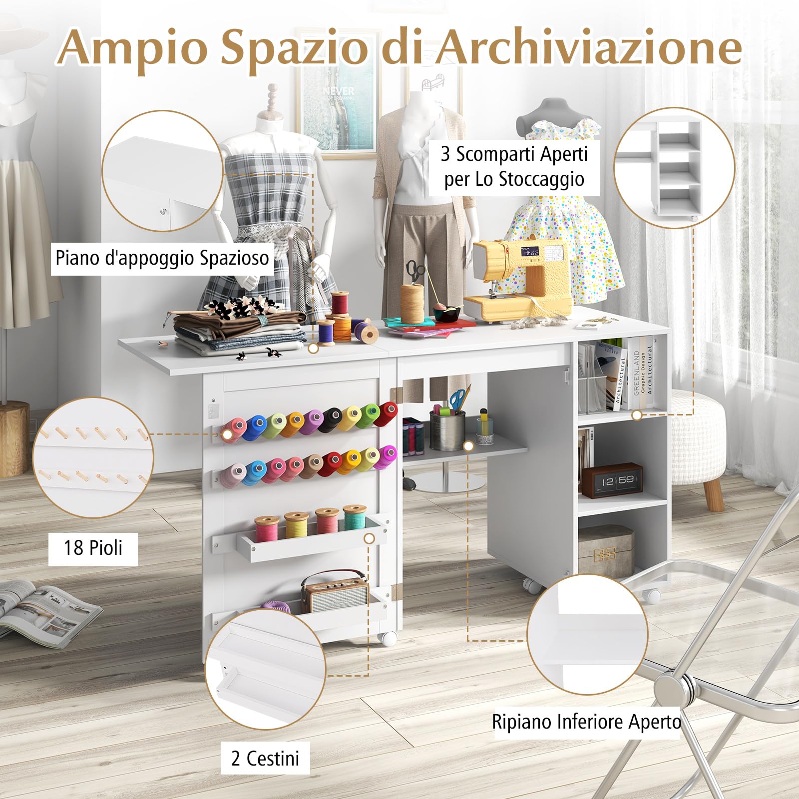 RELAX4LIFE Mesa de costura plegable, mueble para máquina de coser con estantes de almacenamiento, 2 recipientes y 18 ganchos, estación de trabajo portátil con ruedas bloqueables para espacios
