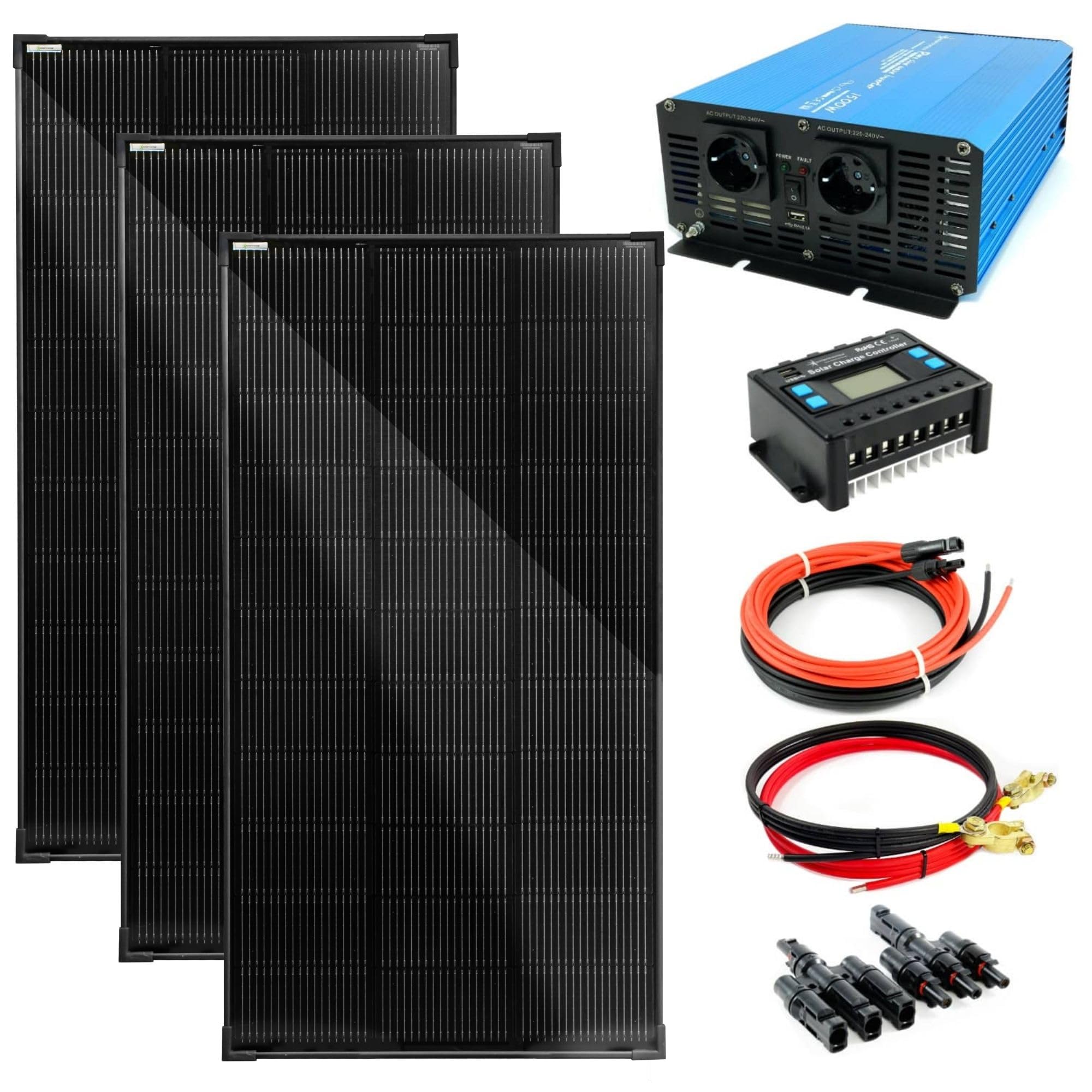 SOLARTRONICS Komplettset 3x120 Watt Solarmodul 1070x580x35, TS 1500W Spannungswandler + 30A Laderegler + Solarkabel + Solarstecker Wohnmobil Inselanlage Photovoltaikanlagen