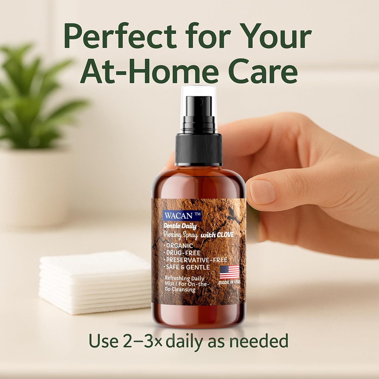 WACAN Gentle Daily Piercing Spray - Refreshing Saline Mist for On-the-Go Piercing Aftercare - Sea Salt Piercing Cleaner Spray (4 Fl Oz)