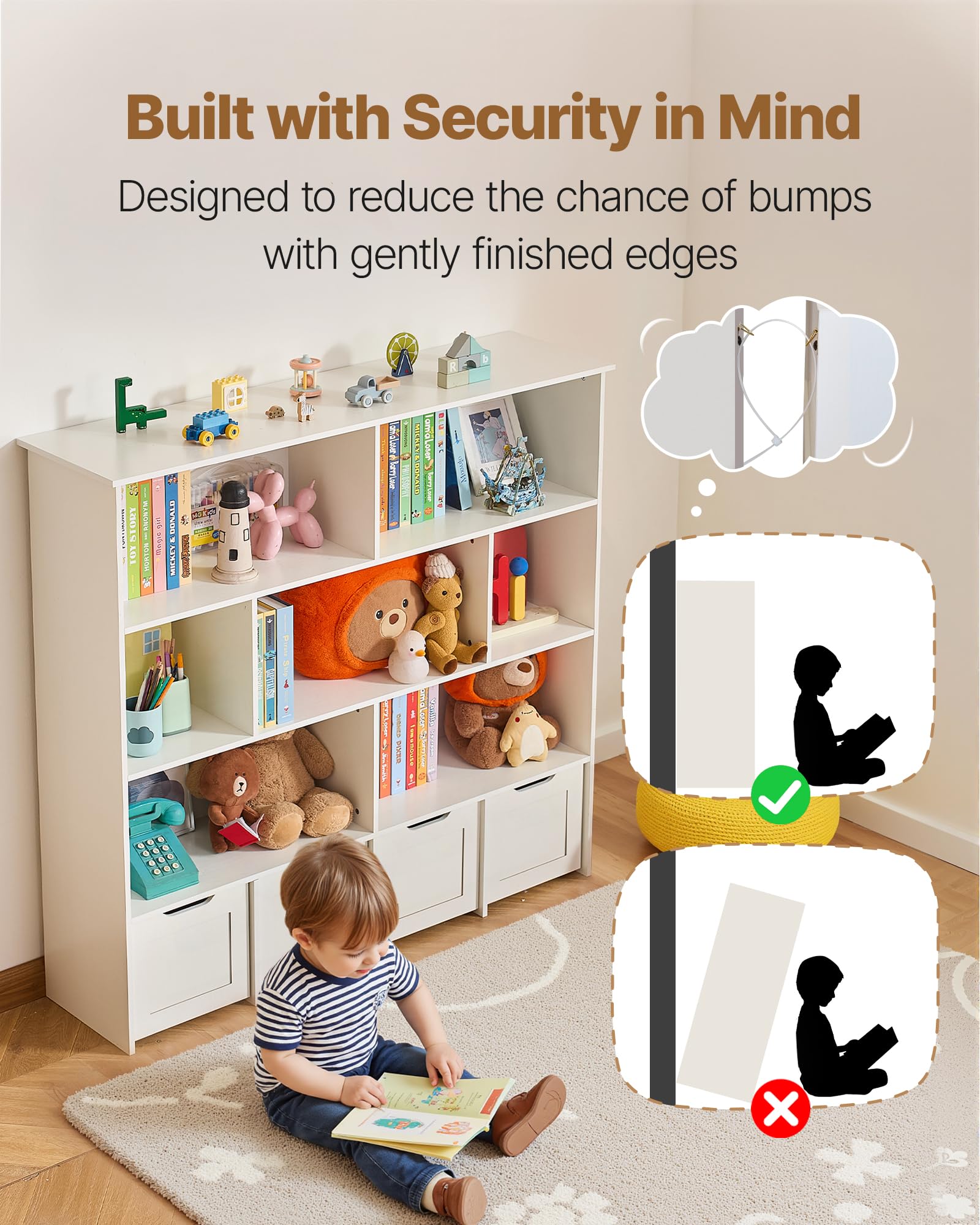 VEVOR Kinderregal Bücherregal aus Holz mit Stauraum, Spielzeugschrank mit 4 mobilen Schubladen, Aufbewahrungsschrank für Spielzeug, Spielzeugregal für Schlafzimmer Kinderzimmer Wohnzimmer, weiß