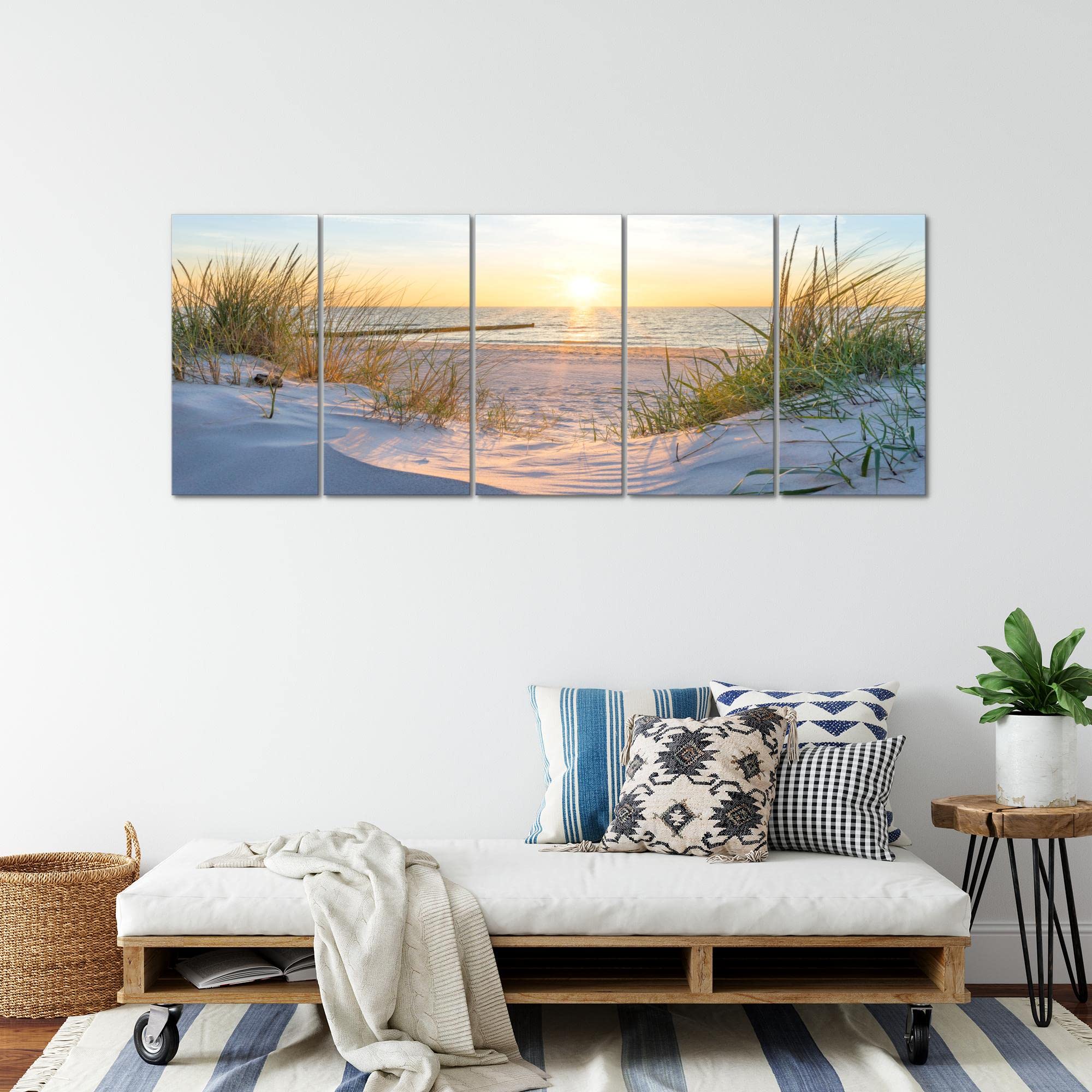 Runa Art Wandbild XXL Strand Sonnenuntergang Schlafzimmer Wohnzimmer 200 x 80 cm Blau Beige 5 Teilig - Made in Germany - 041755a