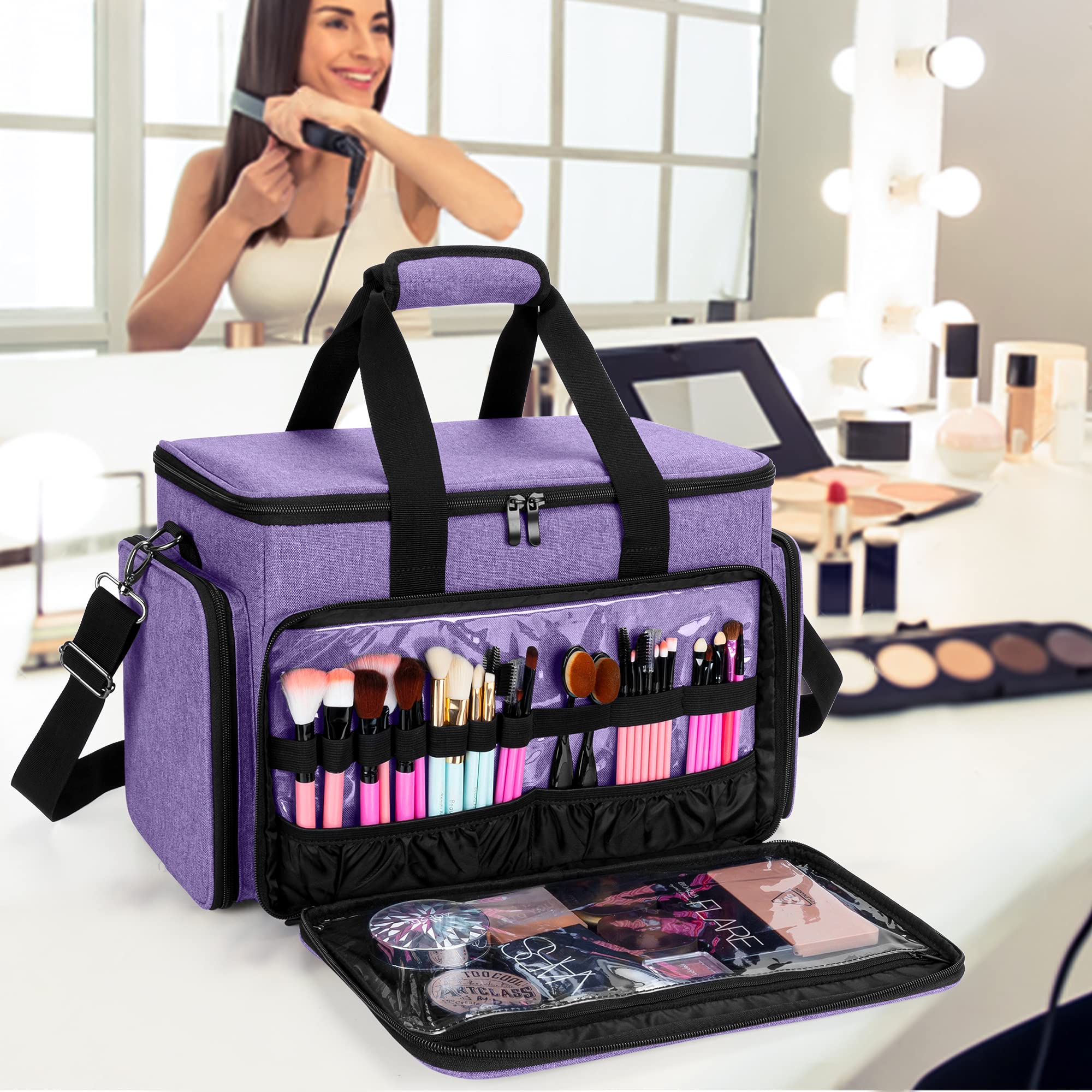 BAFASO Grand Trousse de Maquillage, Sac à Cosmétiques avec Diviseurs,Violet