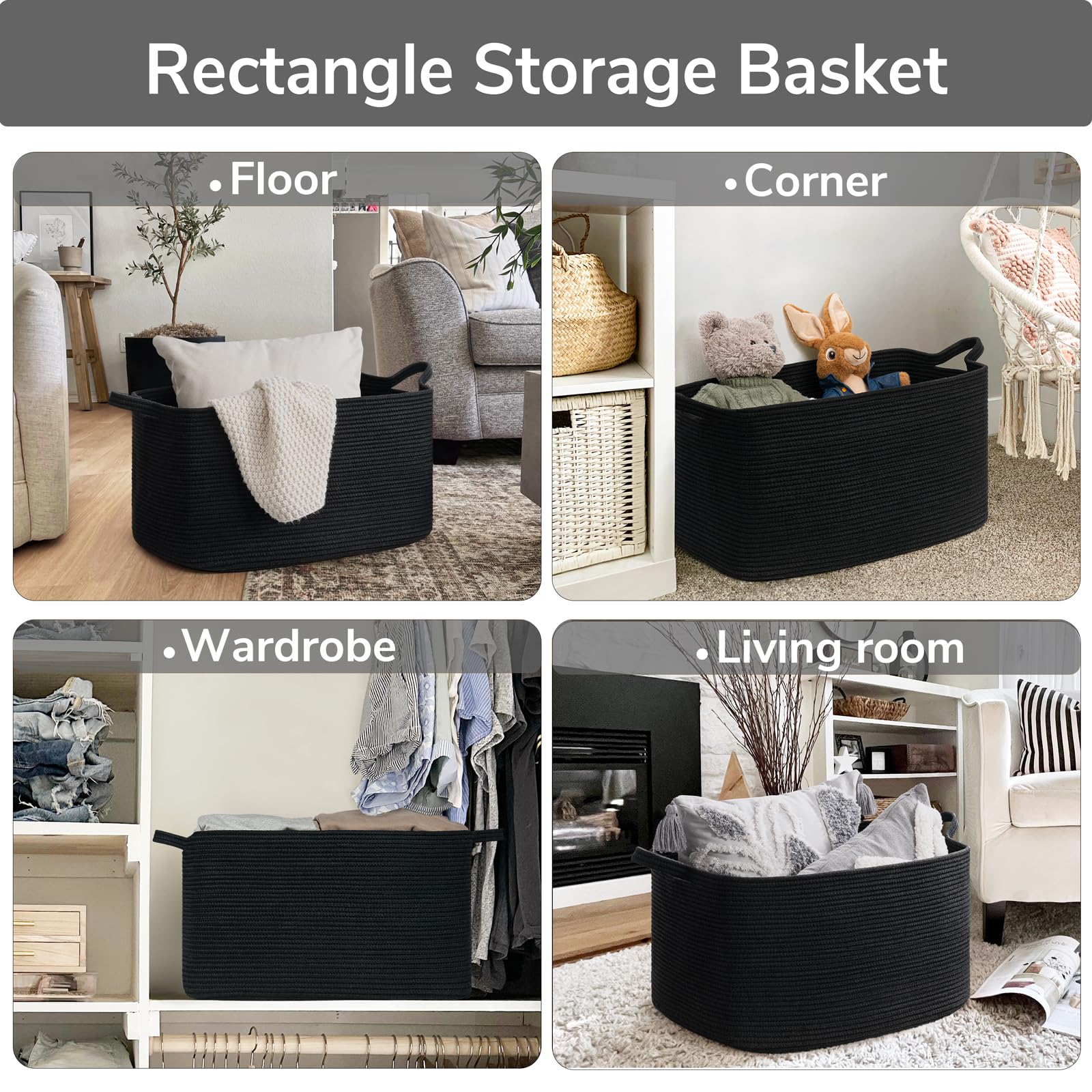 TIMEYARD Cesto portabiancheria intrecciato, nero, cestino intrecciato, cestino portaoggetti per giocattoli, Square Laundry Baskets, cestino portaoggetti per coperte, cuscini, cestino per gli ospiti,