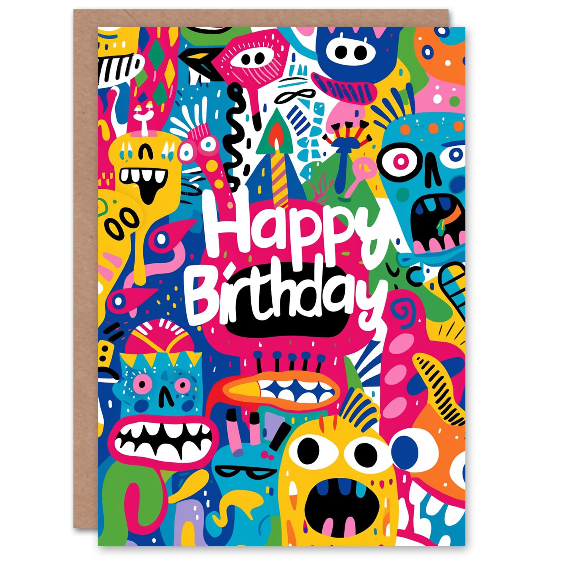 Artery8 Kids Birthday Card - Colourful Monsters Party Cartoon - Greeting Card