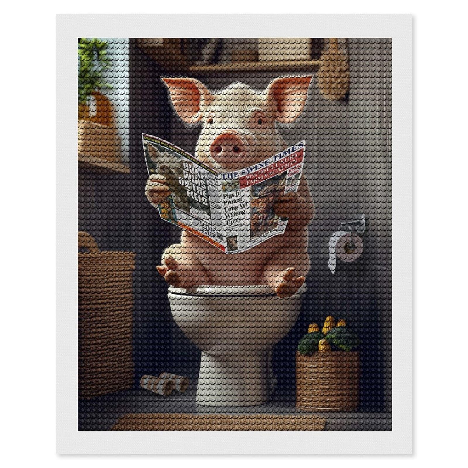 Junmoney Pig Reading Newspaper on Toilet Diamond Art Canvas 16"x20", for Creative Relaxation, Simple to Start, Aesthetic Room Decor, Holiday Gift Idea