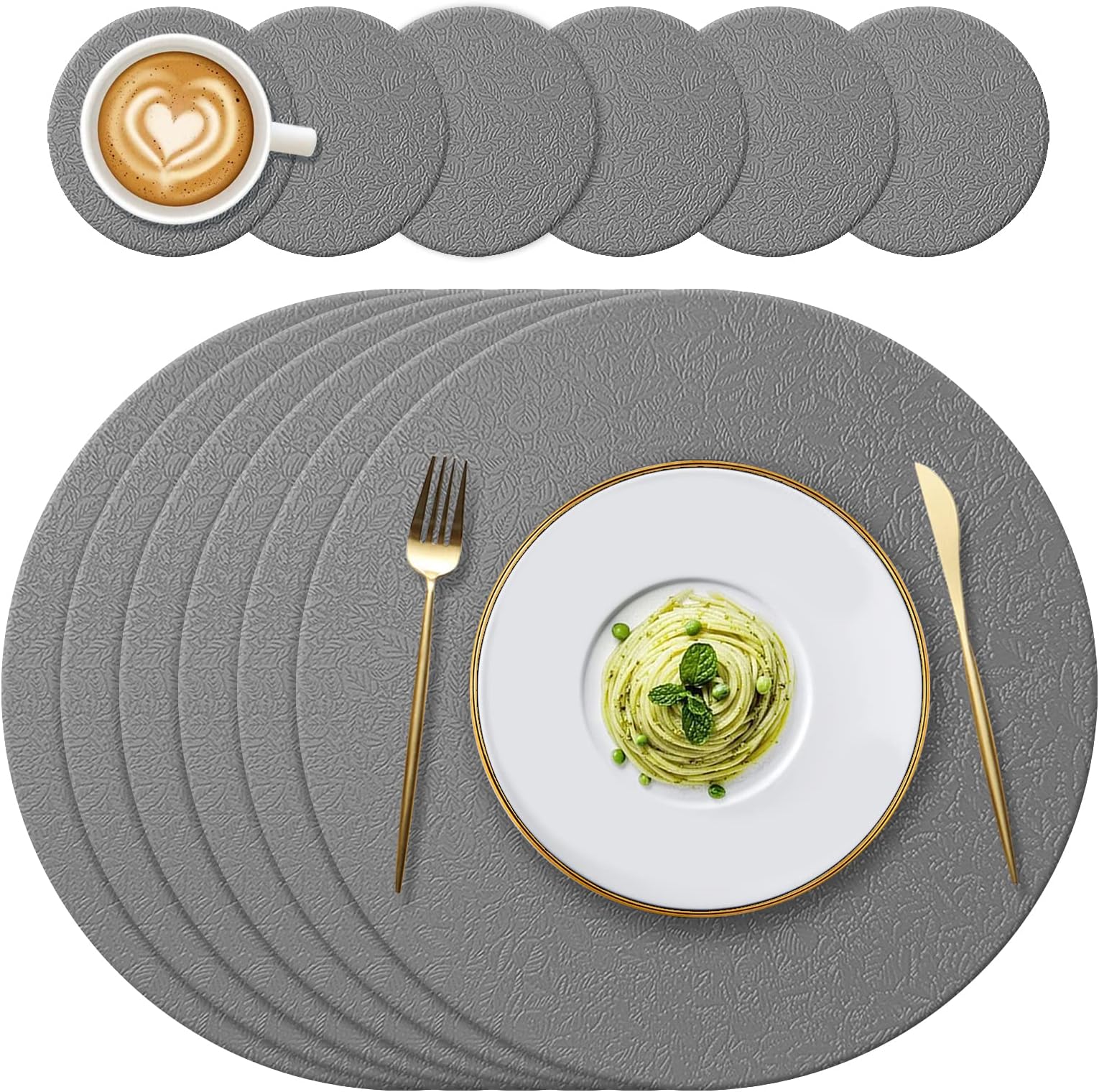 YUNJUER Round Silicone Place mats and Coasters Set, Heat-Resistant 450 °F, Non-Slip and Waterproof, Decoration Accessories for Kitchen Dining Table Home Restaurant, 12 Pieces, (Drak Grey)