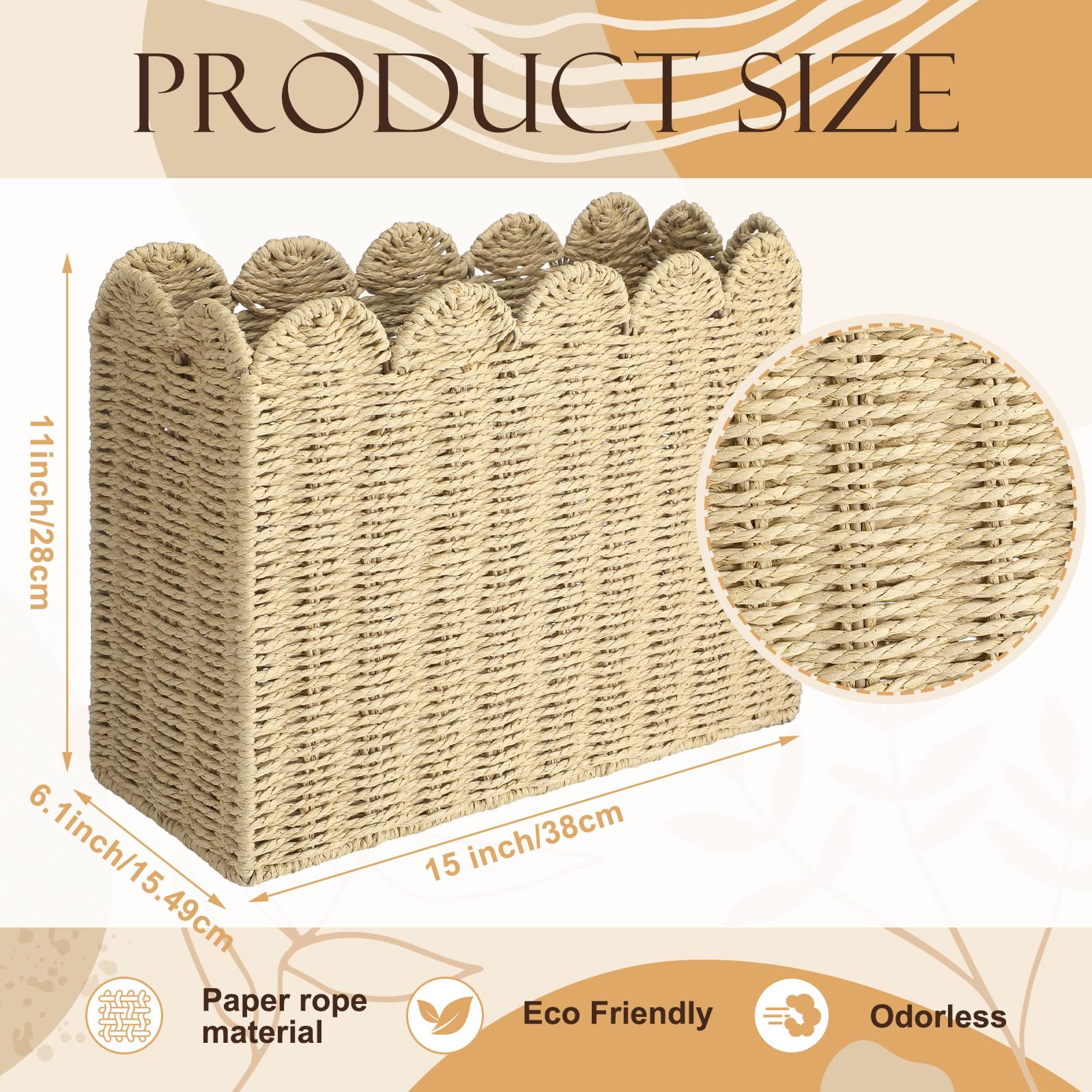 Chunful Scalloped Hand Woven Magazine Holder Natural Fiber Magazine Rack Floor Boho Natural Paper Rope Storage Basket Newspaper Book Files Basket Organizer for Bathroom Office Living Room Home Office