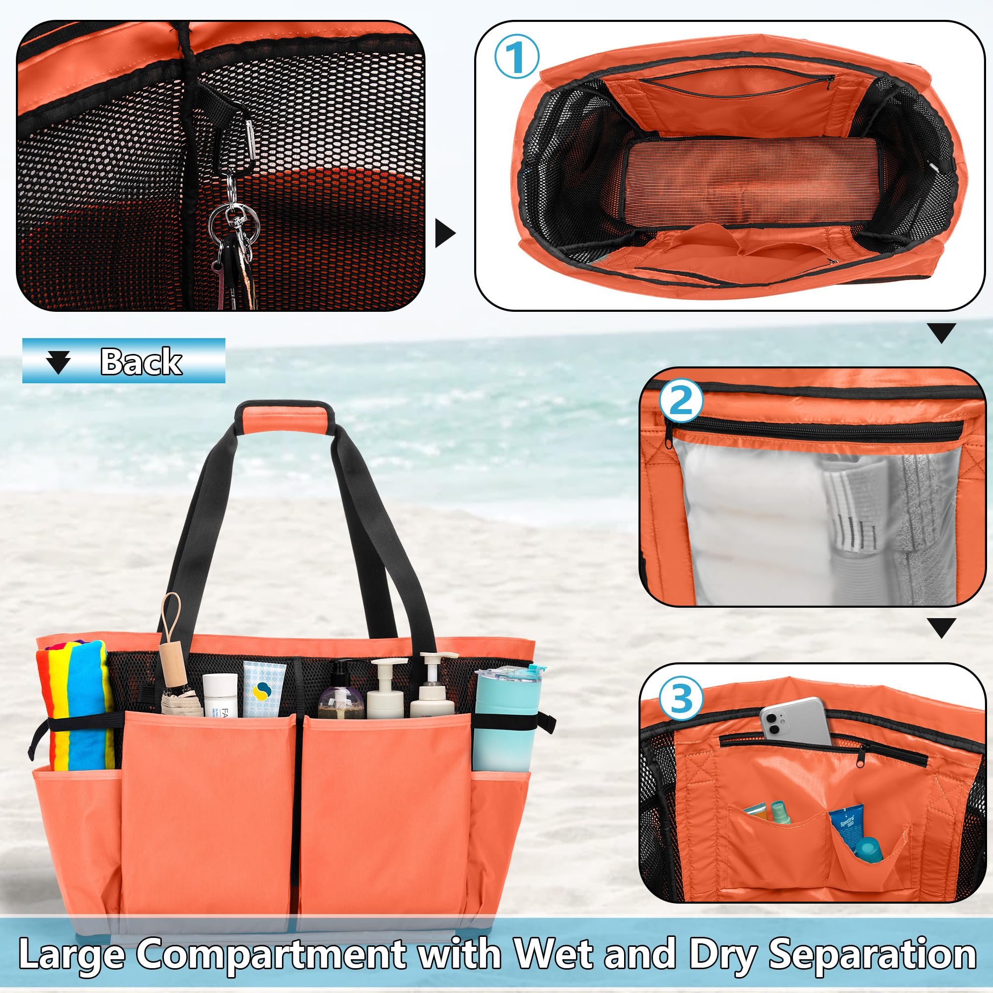 Fasrom Sac de plage extra large en maille avec fermeture éclair en bas, sac fourre-tout de plage surdimensionné pour la plage ou la piscine (brevet en attente), orange | Fond zippé anti-sable, 6 poches extérieures, séparation humide/sec, bretelles rembour