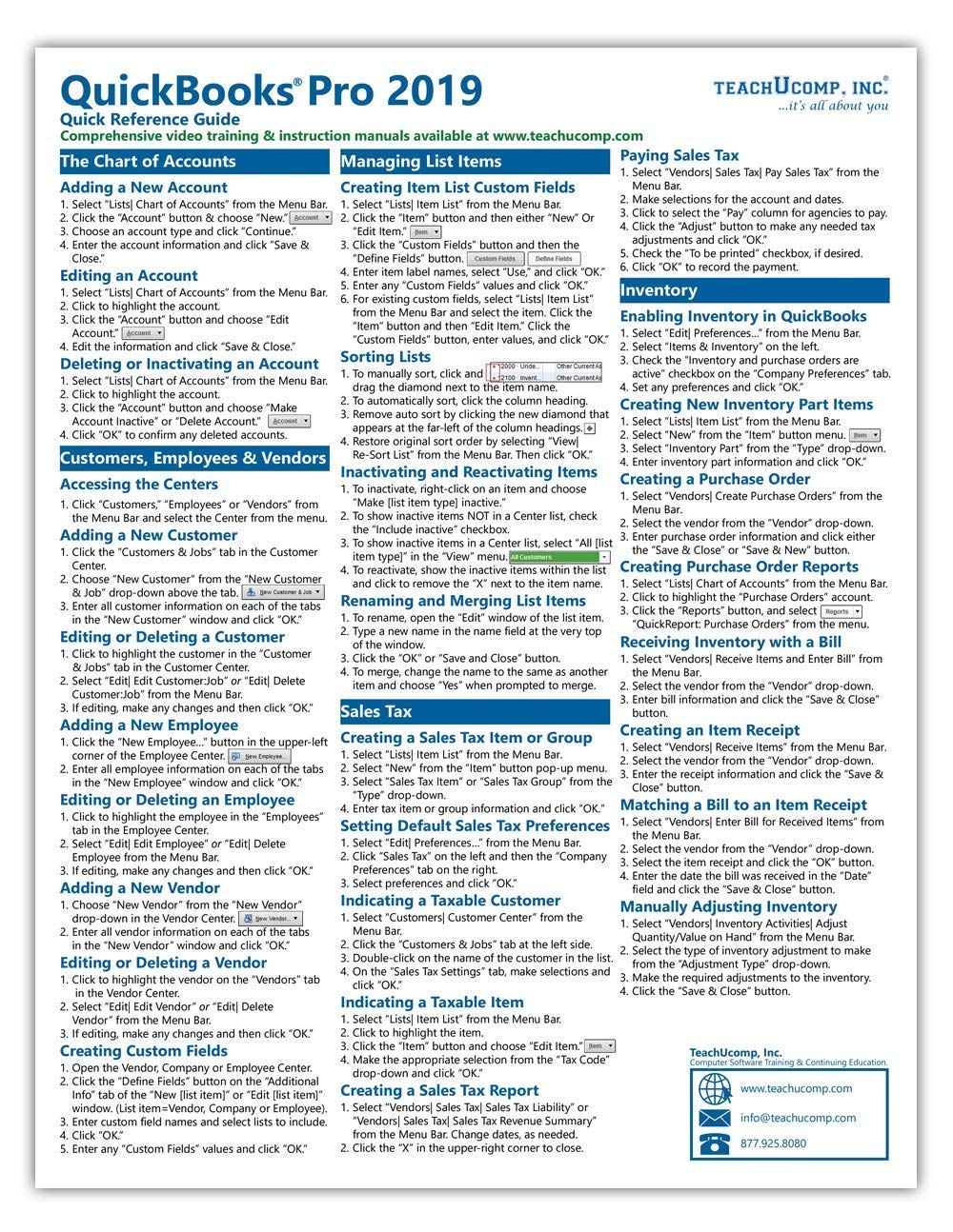 QuickBooks Pro 2019 Quick Reference Training Card - Laminated Tutorial Guide Cheat Sheet (Instructions and Tips)