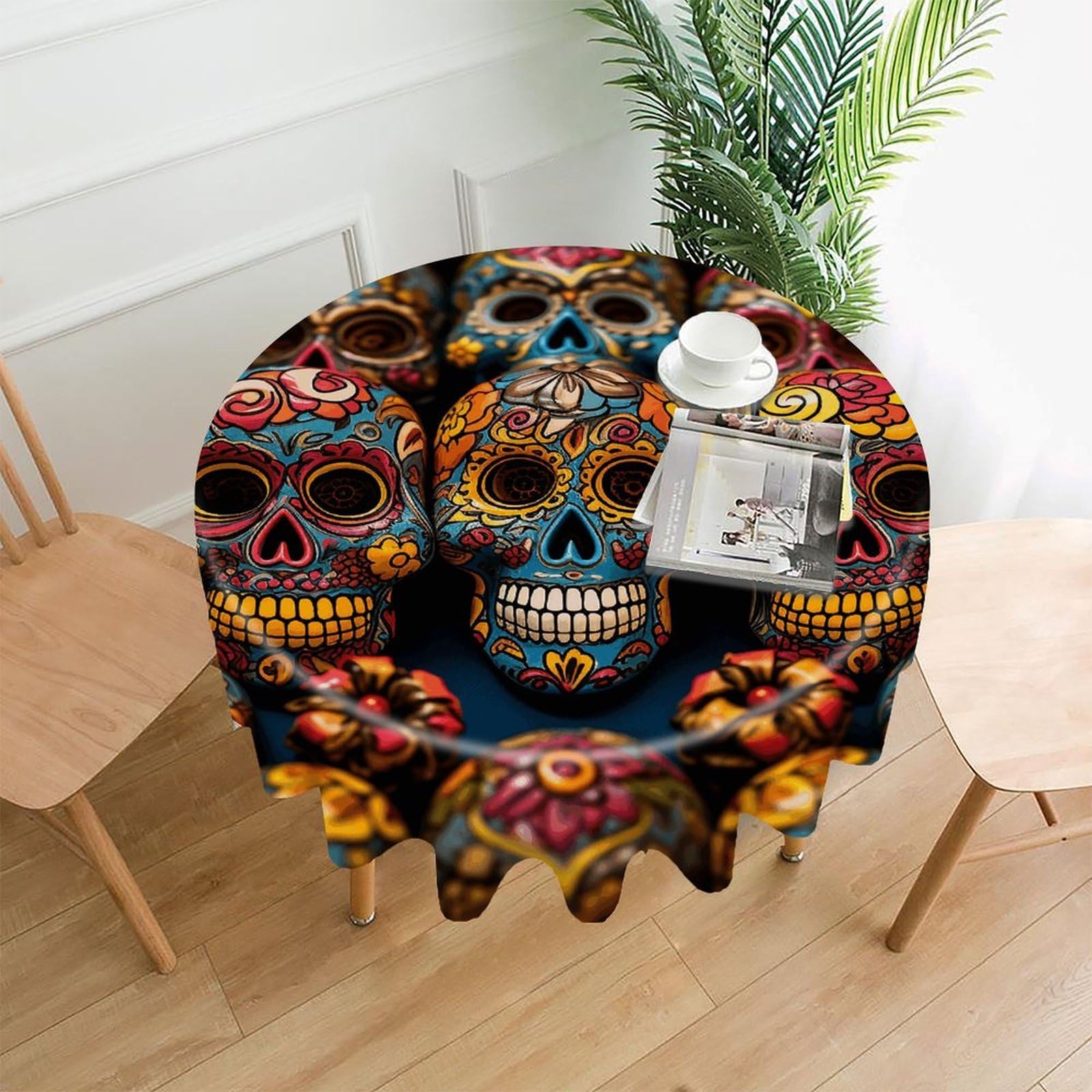 VstaDank Colorful Sugar Skulls Tablecloth Easy to Clean Polyester Round Table Cover Washable Round Table Cloth Wrinkle-Free Circle Decoration Tablecloth for Kitchen Dining Room 60"
