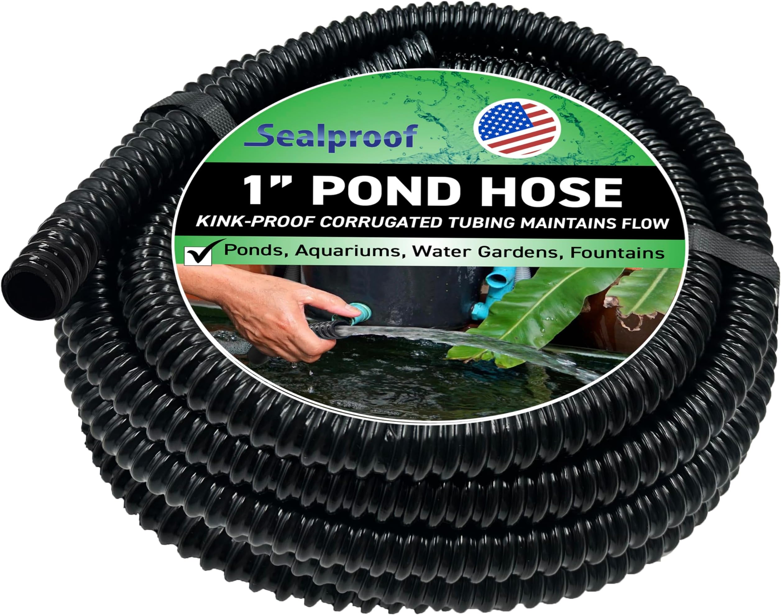 Sealproof 1" Dia. Corrugated Pond Tubing 1-Inch ID, 20 FT Length, Black PVC Kinkproof Strong Flex Tubing Made in USA