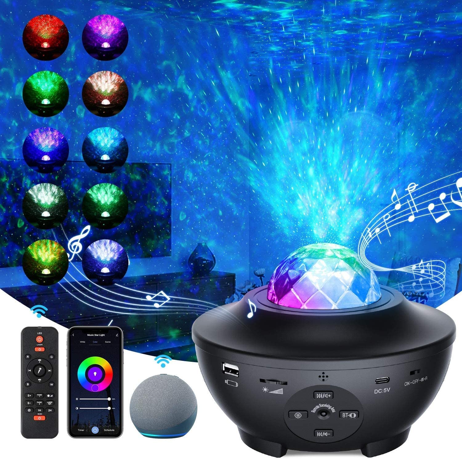 Smart App Star Light Projector - RGB LED Galaxy Night Light, Nebula Ocean Wave Lamp – Bluetooth Speaker, WiFi, Alexa, Remote Control - for Kids and Adults