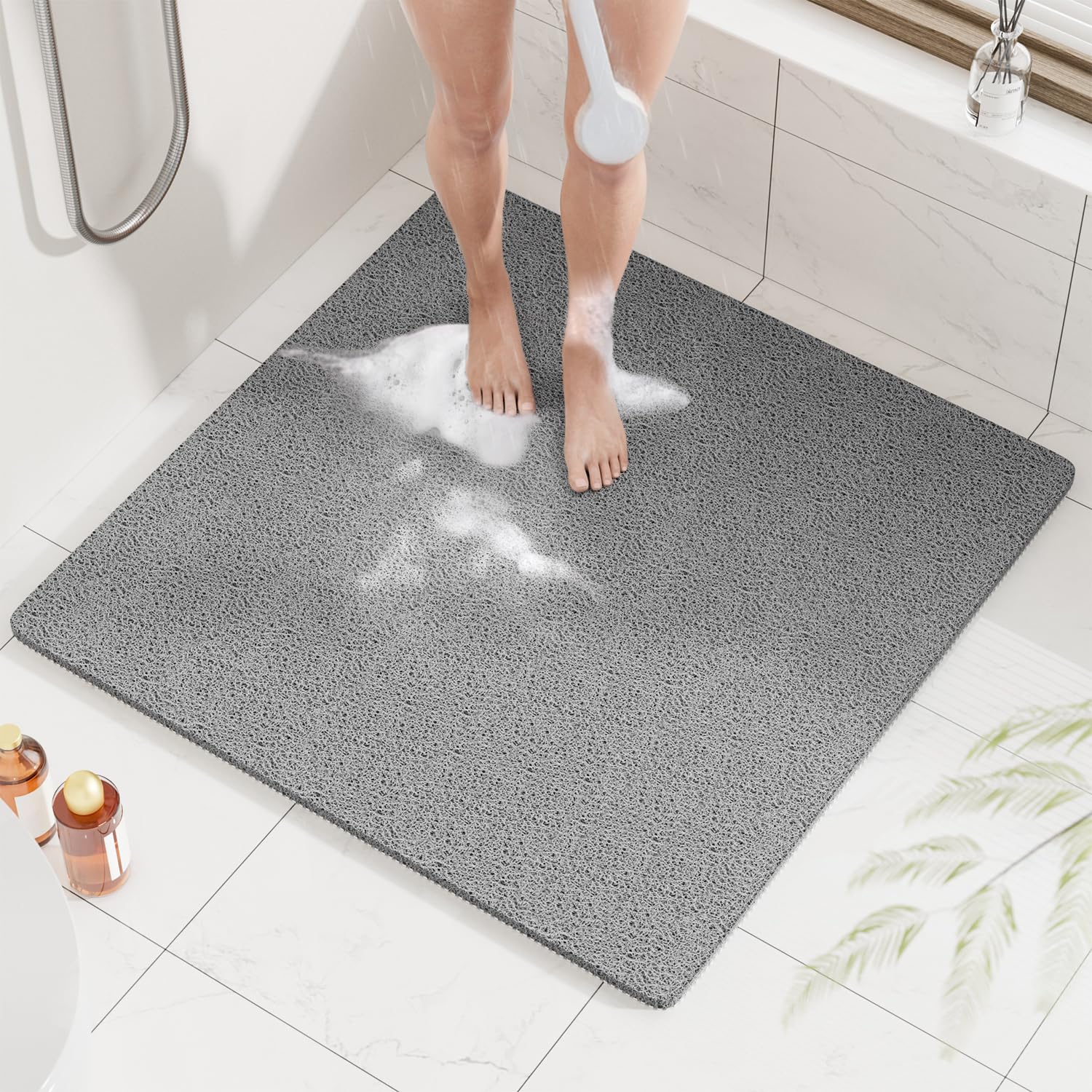 Tappetino Antiscivolo Per Vasca Da Bagno 40x61 Cm, Spessore 1,5 Cm, In PVC Con Superficie Luffa Per Massaggio Piedi, Asciugatura Rapida, Senza Ventose, Grigio