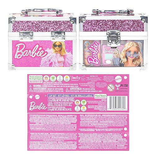 Miniatura 9 de Barbie Beauty Mini Train Case Set incluye tubo de brillo de labios, bálsamo labial, brillo de labios compacto para fiestas de pijamas de niñas