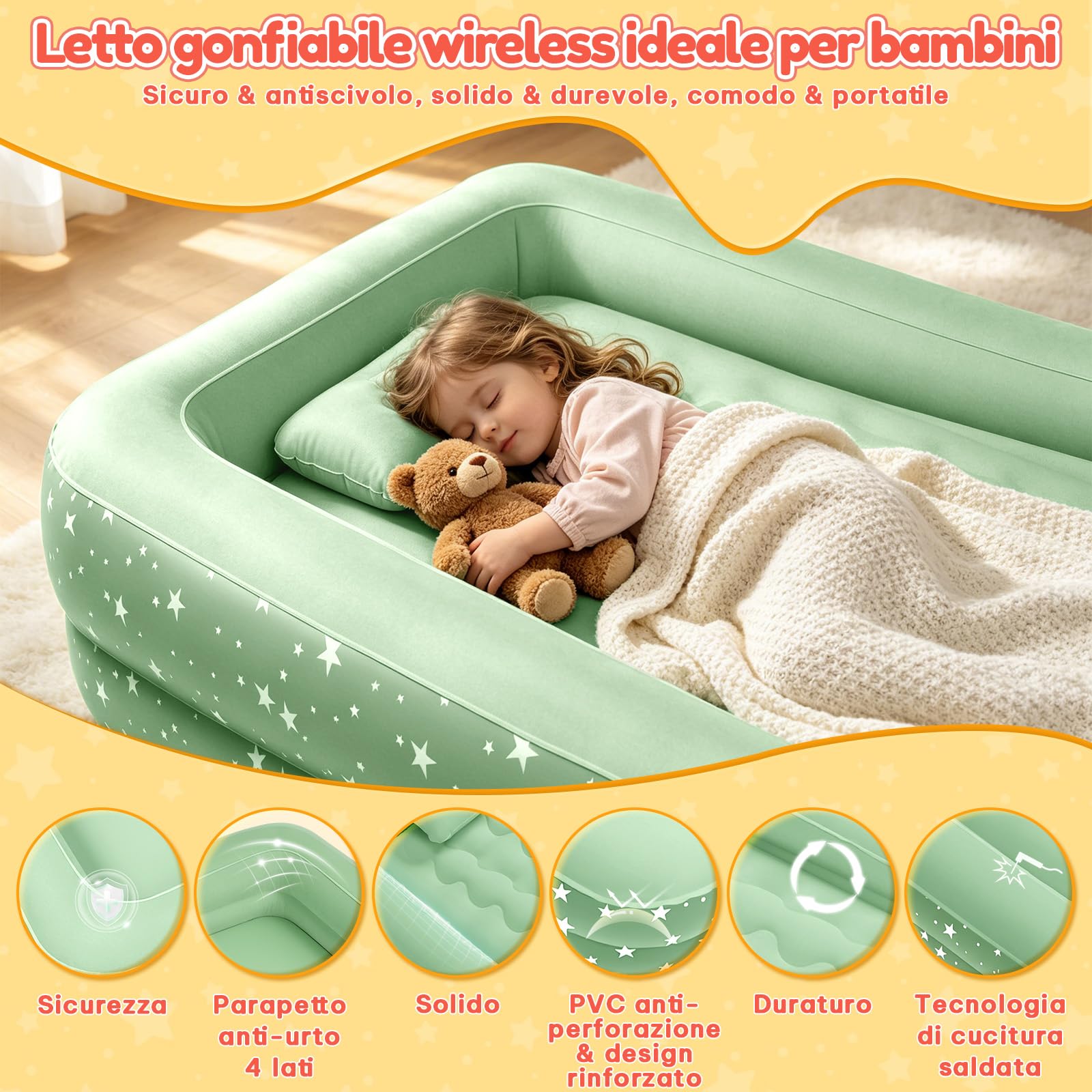 IEEILULU Materasso Gonfiabile per Bambini, Letto Gonfiabile Singolo con Pompa Elettrica, Cuscino Materasso Floccato Autogonfiabile per Campeggio o uso Domestico155x105x32 cm (Verde)