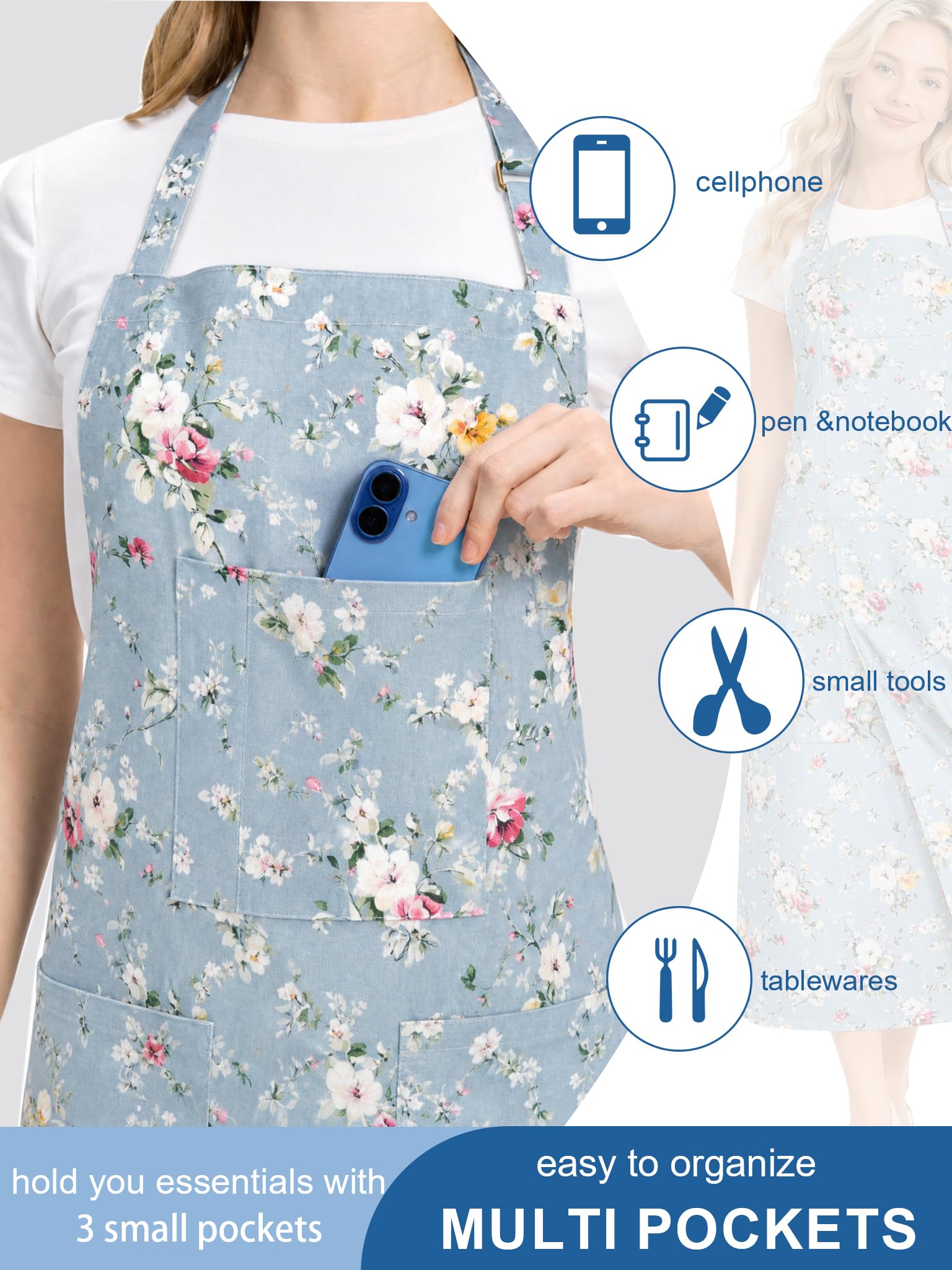 Molaxhome Split Pottery Apron with 3 Pockets Unisex with Adjustable Strap, Bluerose - Image 3
