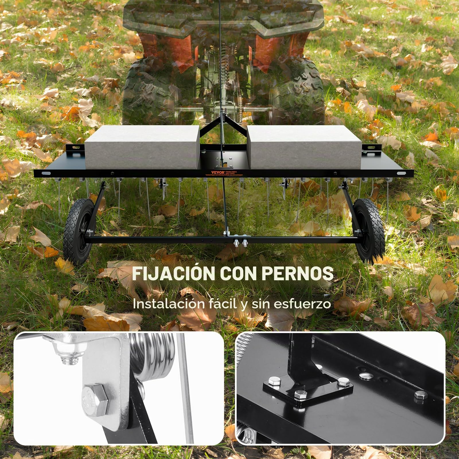 VEVOR Cortacéspedes de Remolque detrás de 1219 x 1140 x 865 mm con 24 Púas de Acero con Resorte, Rastrillo de Césped para ATV o Cortacésped, con Mango de Elevación para Césped de Granja de Jardín
