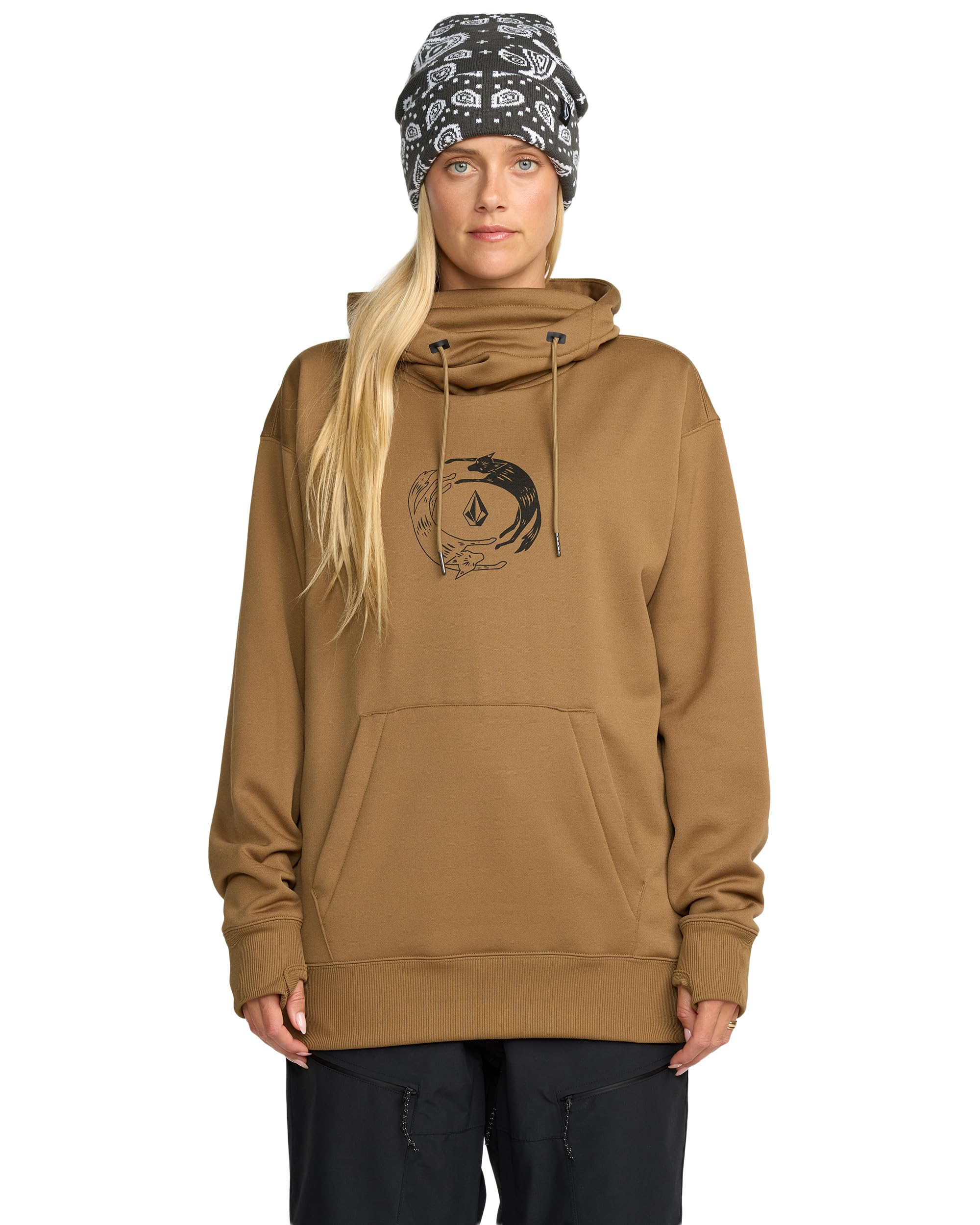 Volcom Women's Riding Hydro Hoodie –Water-Repellent Fleece Sweatshirt with Neck Warmer & Thumbholes, Bronze, Medium