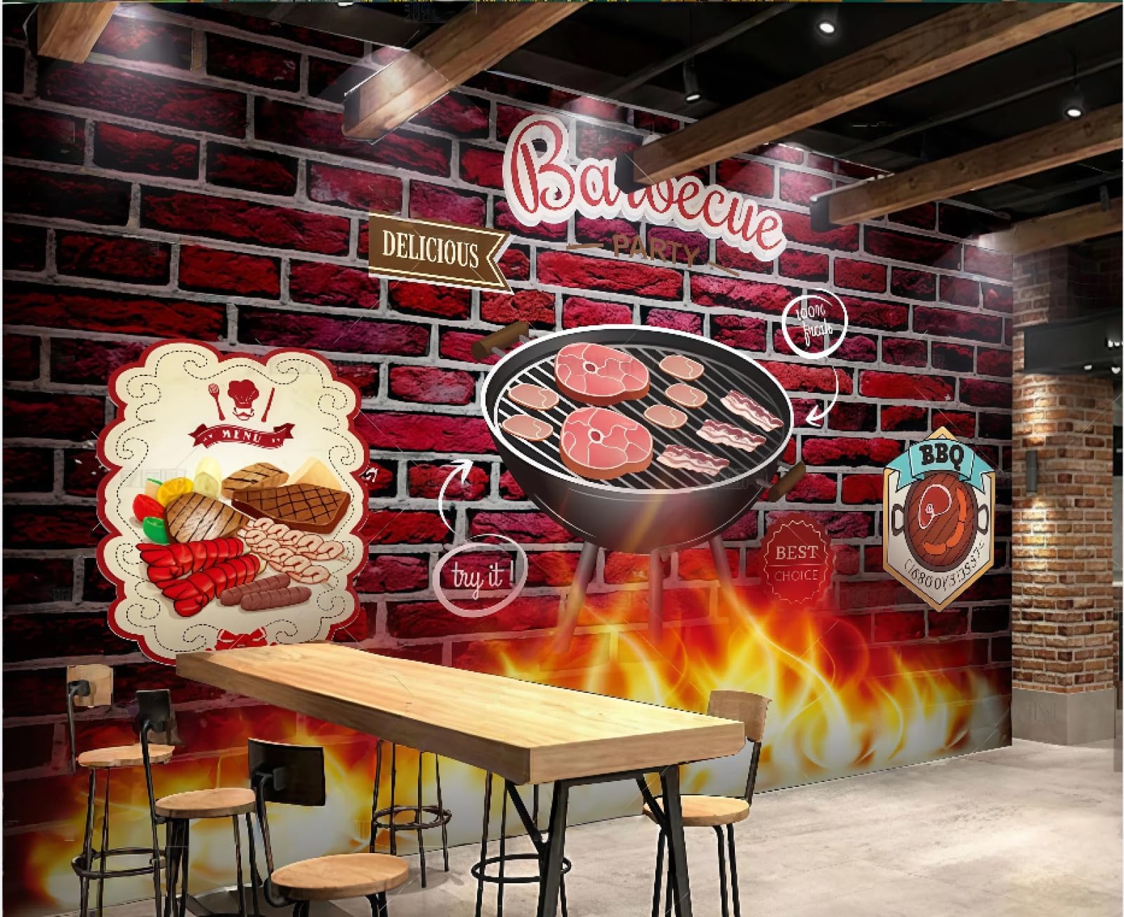 XDOUBAO Wallpaper Nostalgic Hand-Painted Barbecue Flame Brick Wall Restaurant Cuisine Afternoon Tea Western Restaurant Background Wall Wallpaper Coffee Shop Mural,3D,350x245cm