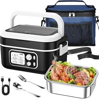 Electric Lunch Box 100 W Electric Lunch Box 1.5 L Heat Box Insulated Heat Box Automatic Heating Function with Insulated Bag Fork & Spoon and Removable Divider Plate