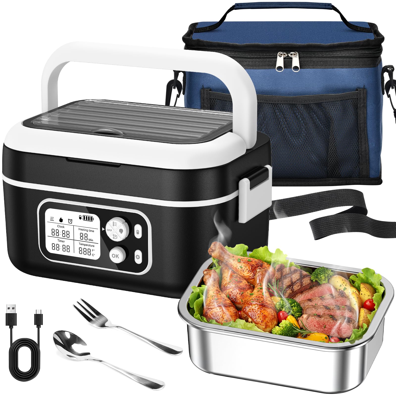 Fiambrera Electrica 100W Calentador de Comida Portatil 1,5L Lunch Box con Bolsa Térmica y Cubiertos Comida Caliente Acero Inoxidable para coche/camión/oficina