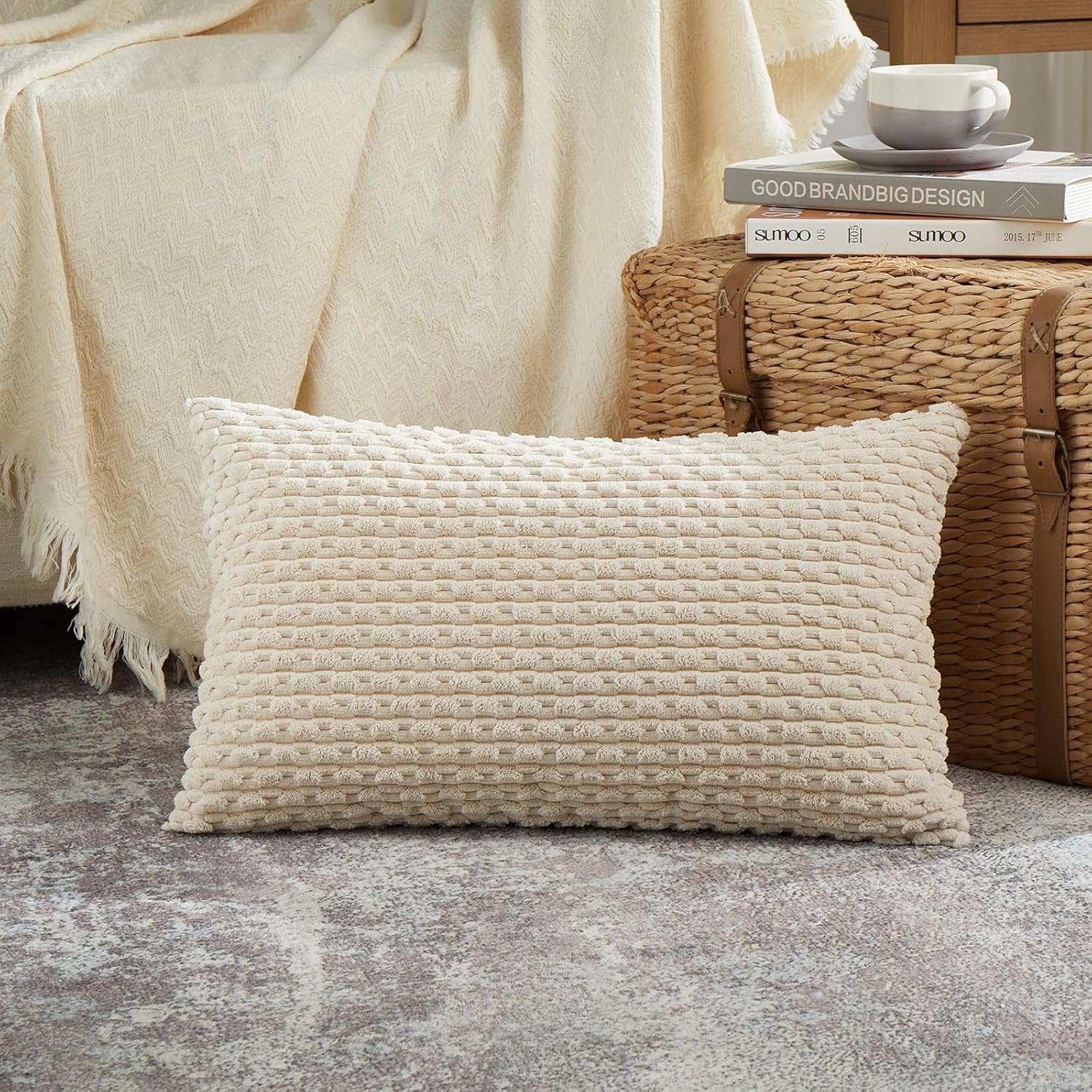 Fancy Homi Set of 4 Boho Lumbar Decorative Throw Pillow Covers 12x20 Inch for Couch Bed Sofa, Neutral Farmhouse Home Decor, Soft Fluffy Textured Corduroy Rectangle Aesthetic Cushion Case 30x50 cm