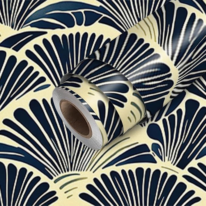 Wallpaper Peel and Stick Art Deco Navy Blue Gold Fan Pattern Contact Paper Wall Paper Stick 17.7