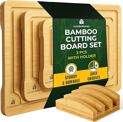 Juego de 3 tablas de cortar de bambú con soporte, tablas de madera duraderas para cocina, cortar y servir, ecológicas por Woodenhouse