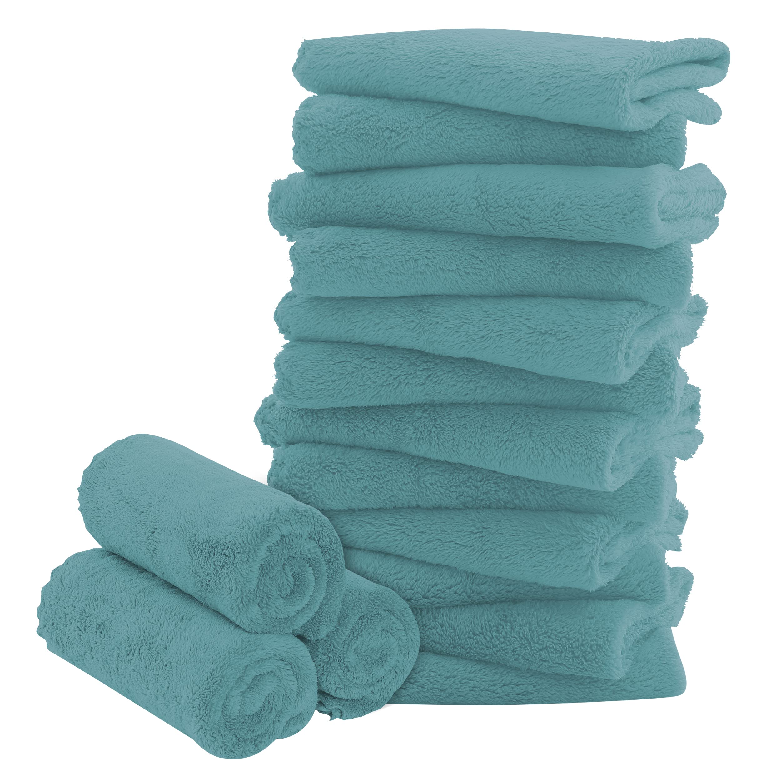 16 Pack Baby Washcloths - Luxury Coral Fleece - Extra Absorbent and Soft Wash Clothes for Newborns, Infants and Toddlers - Suitable for Sensitive Skin and New Born - Baby Shower - Teal, 10x10 Inch