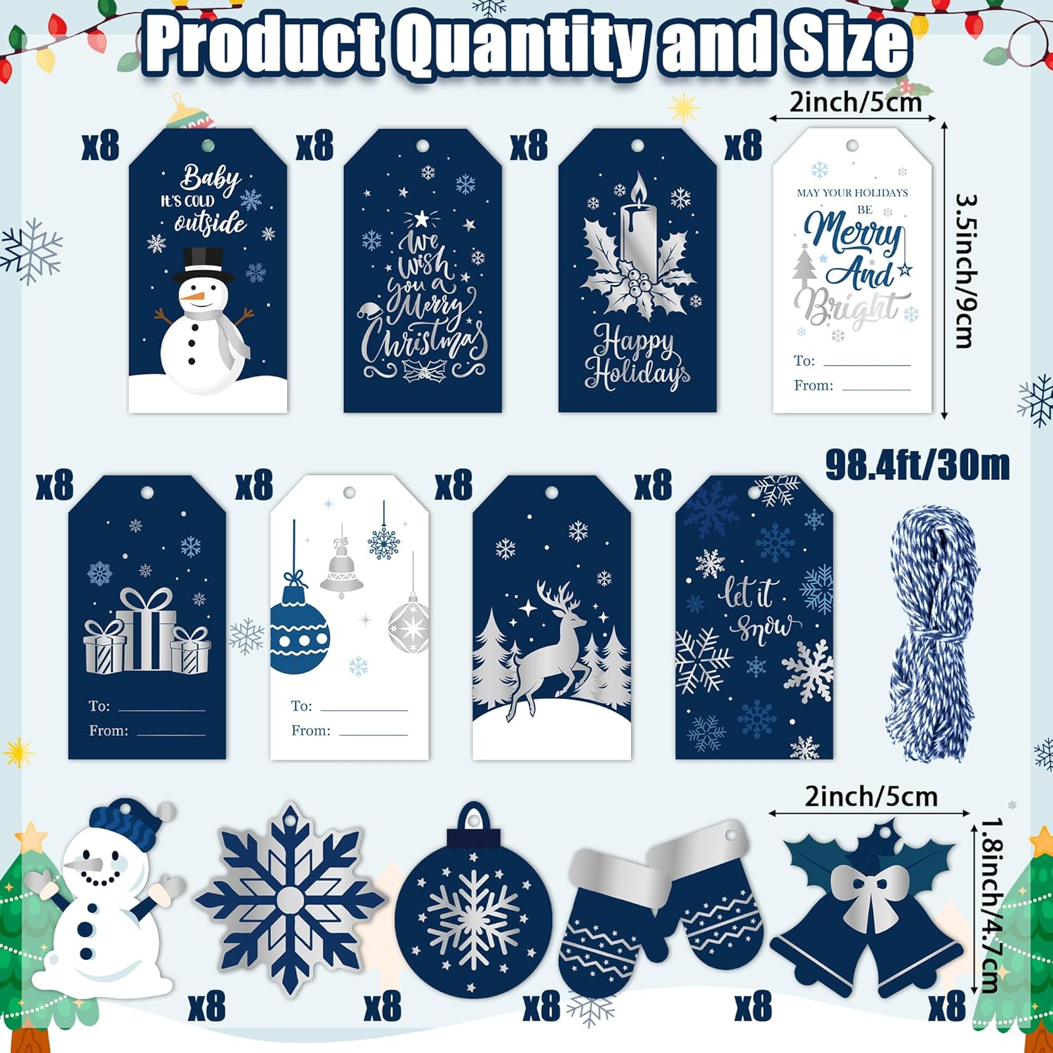 K1tpde Winter Blue Christmas Gift Tag - 137PCS Xmas Gift Tag with 30m Hemp Rope Merry Christmas Hanging Paper Tag with String Decor for Xmas Tree Winter Holiday Wish Label for Gift Wrapping Present - Image 2