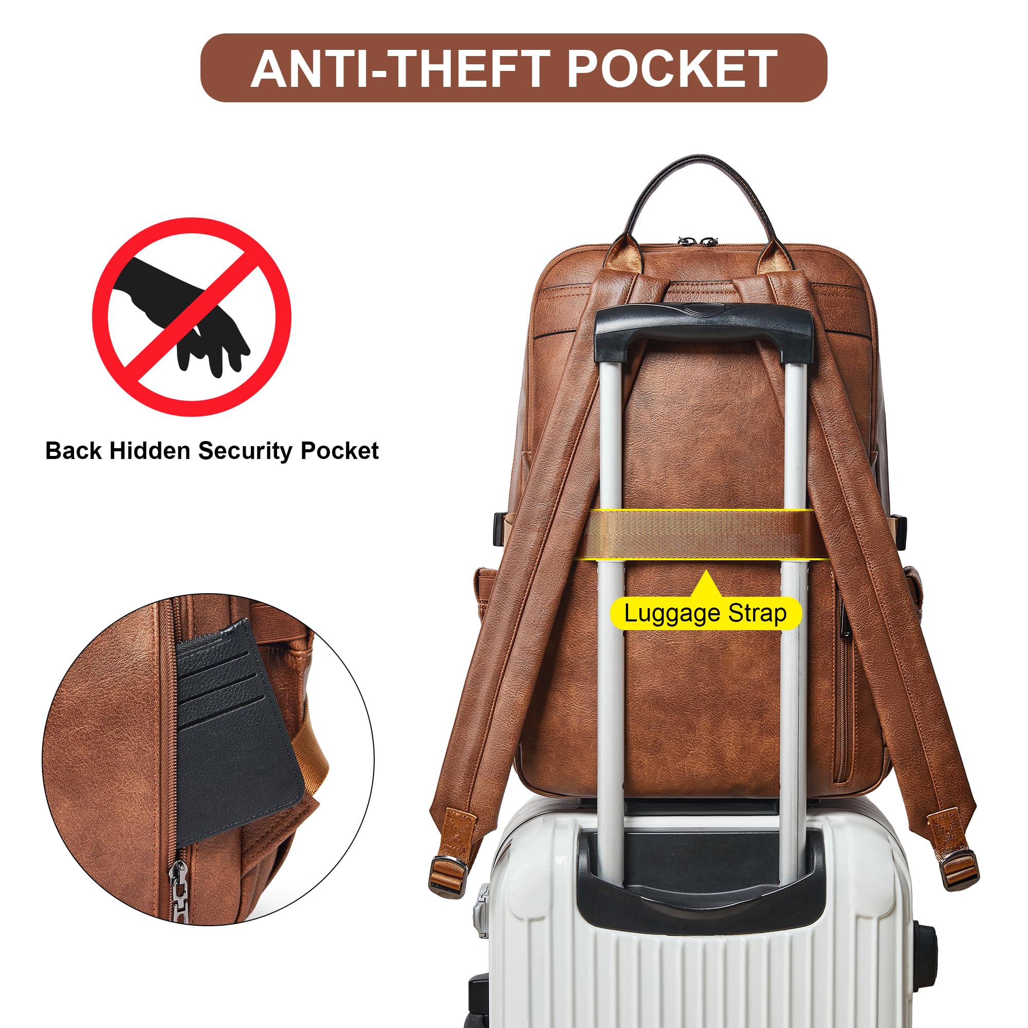 Shrrie Mochila grande de viaje unisexo de cuero vegano, Marrón