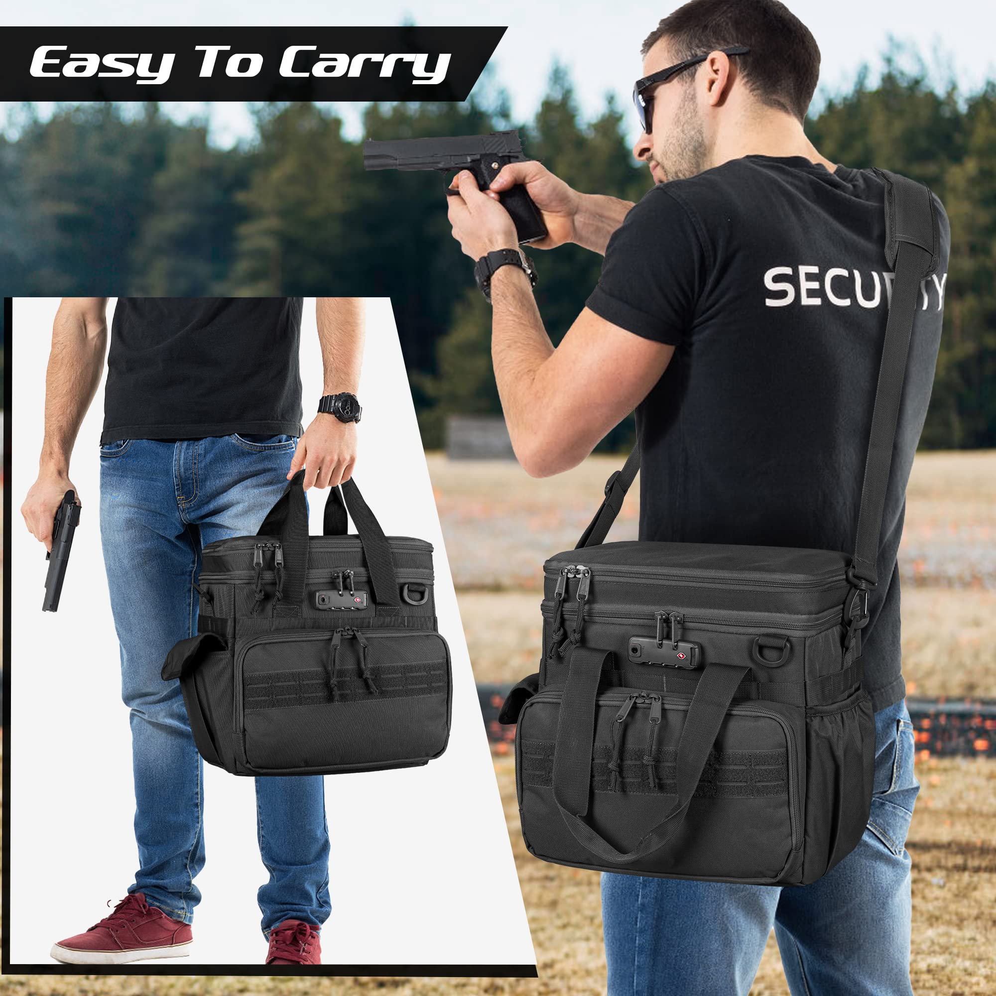 GOBUROS Borsa tattica per tiro con 2 custodie piccole per pistola, borsone per pistola con lucchetto TSA e 12 scomparti per caricatori, multitasche
