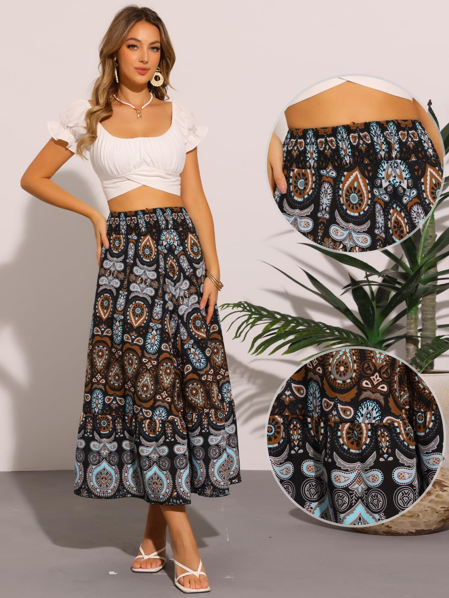 Allegra K Jupes longues bohème pour femmes, motif floral, décontracté, plage, jupe maxi fluide tendance