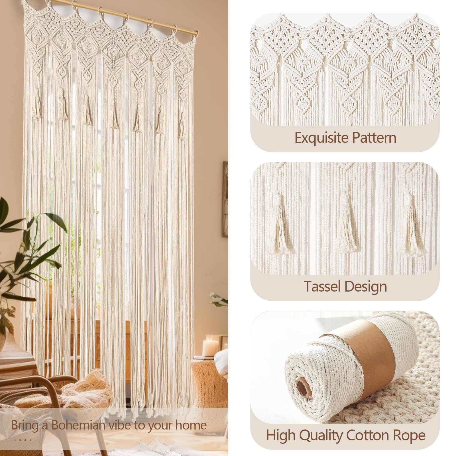 Tenda in macramè fatta a mano in stile bohémien, con nappe, grande, da appendere alla parete, divisorio per soggiorno, camera da letto, decorazione per la casa bohémien, per feste di nozze, 1