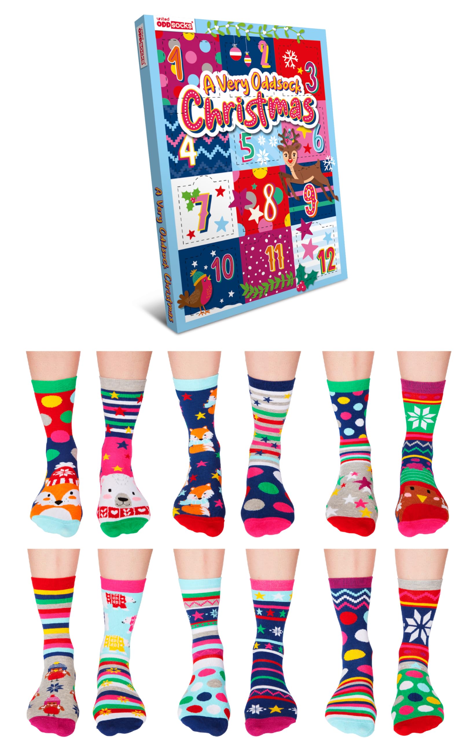 United Oddsocks Men's Wo's 12 Advent A Very Oddsock Christmas Advent Calendar – 12 Individual Festive Odd Socks For Wo, Mix And Match Novelty Holiday Sock Box With Colourful Designs Uk 4–8, Eur 37–42, Us 6.5–10.5