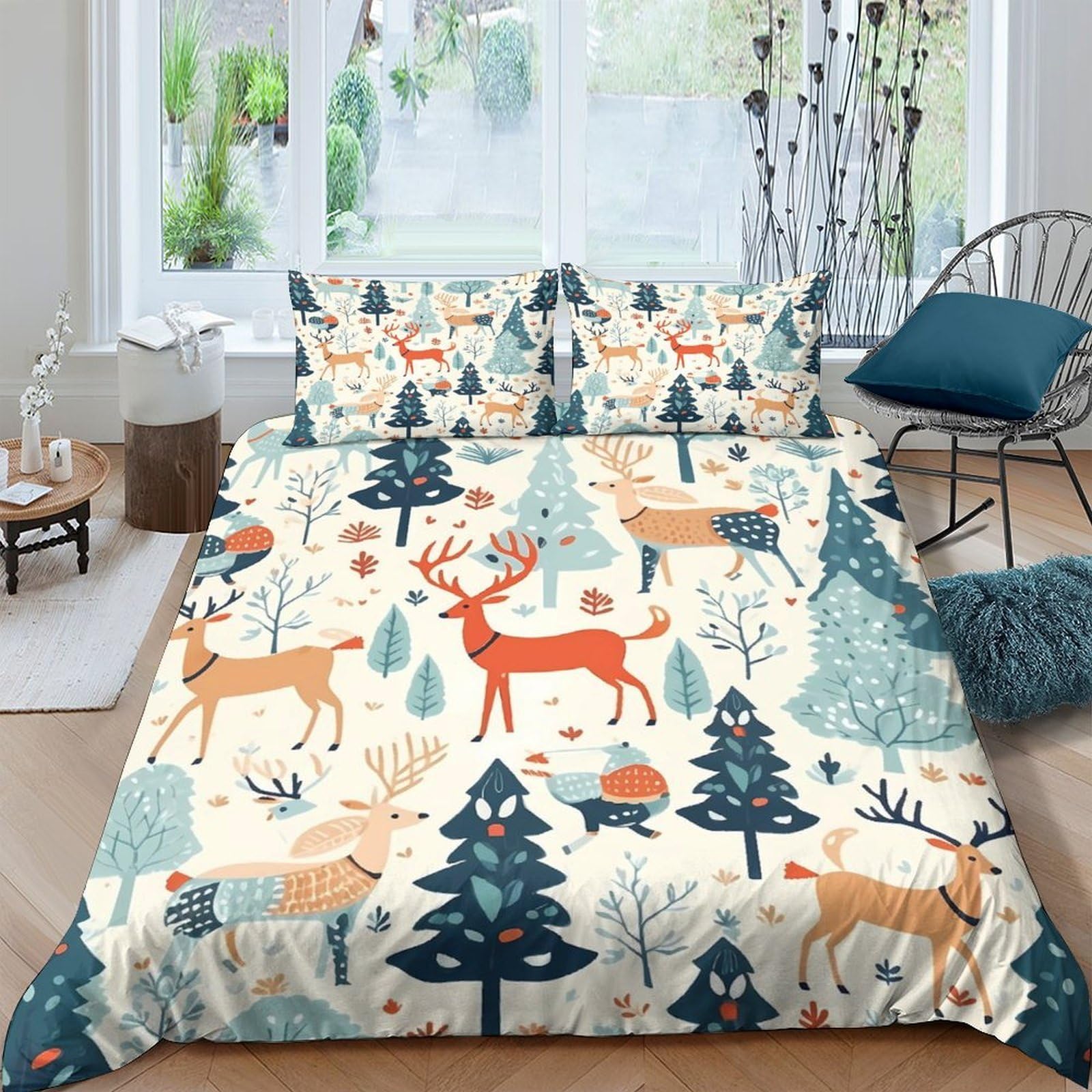 Ctjqhvkz Style-9 3D Printed Christmas Reindeer Fitted Sheet Microfiber Soft Forest Tree Mattress Cover For Bedroom Dorm Home Decor Single（135X200cm）