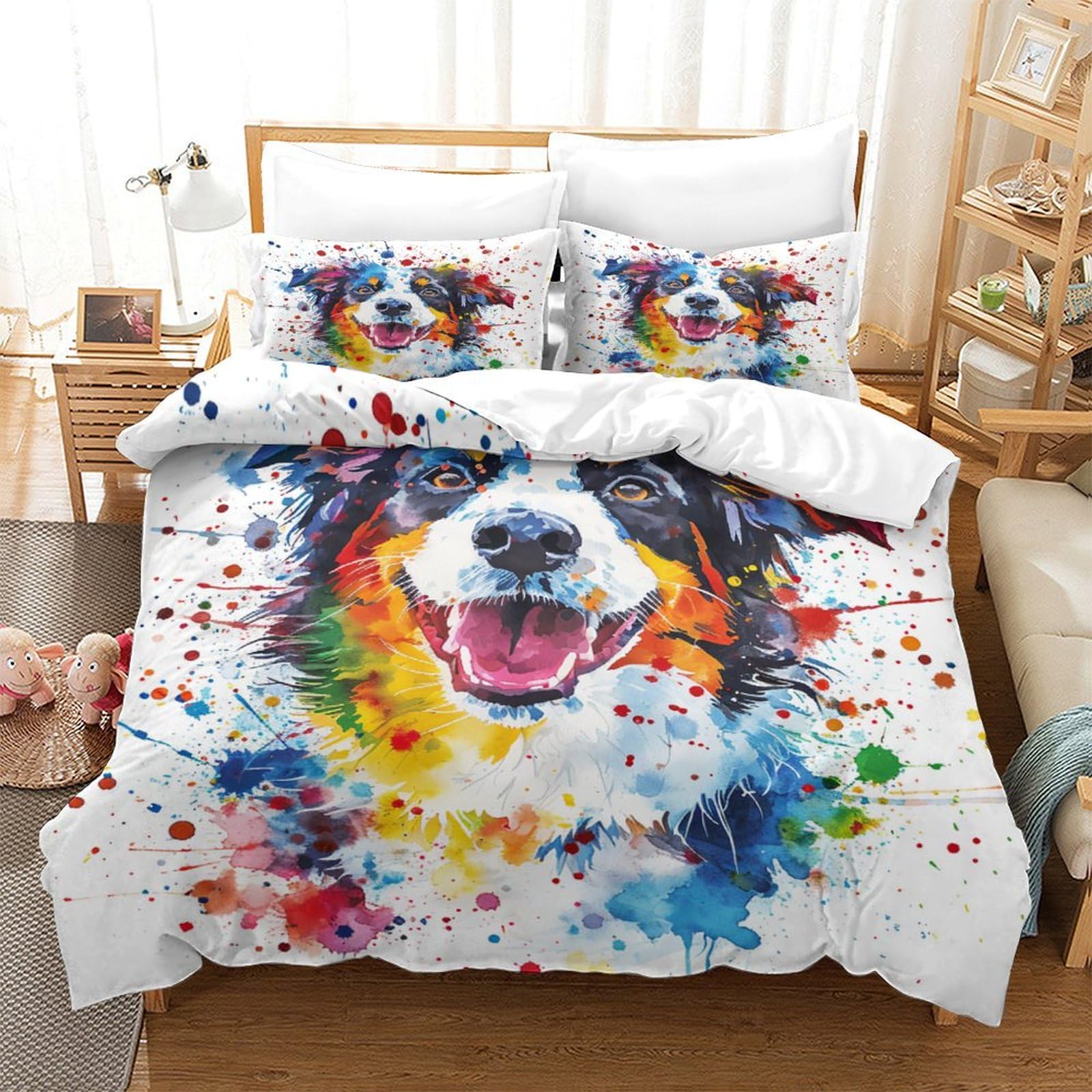 Housse de couette respirante motif chien de berger avec fermeture éclair