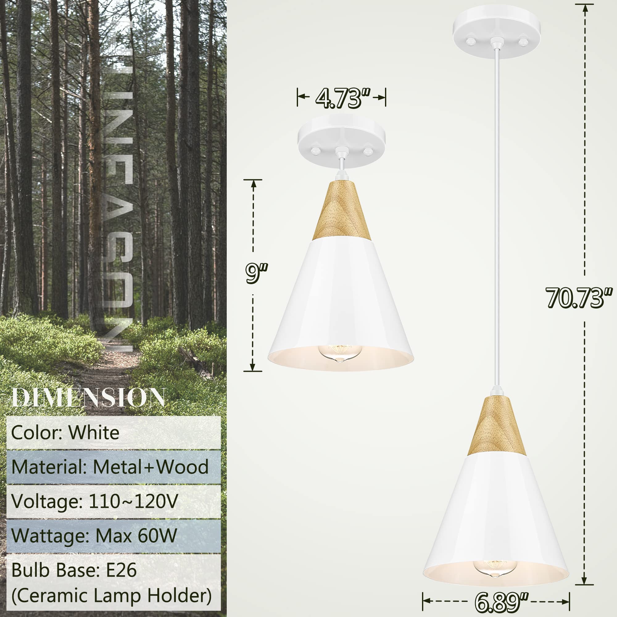 HUNEASON Pendant Lights, Modern Hanging Lamp Adjustable Height, Industrial Ceiling Pendant Lighting with Wood and Metal Shade, for Kitchen Island Farmhouse Dining Living Room