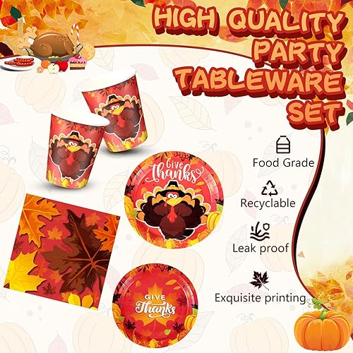 Miniatura 9 de Sliner 180 piezas de suministros para fiesta del día de Acción de Gracias, platos, servilletas, vasos, servir, 30 platos de papel desechables para